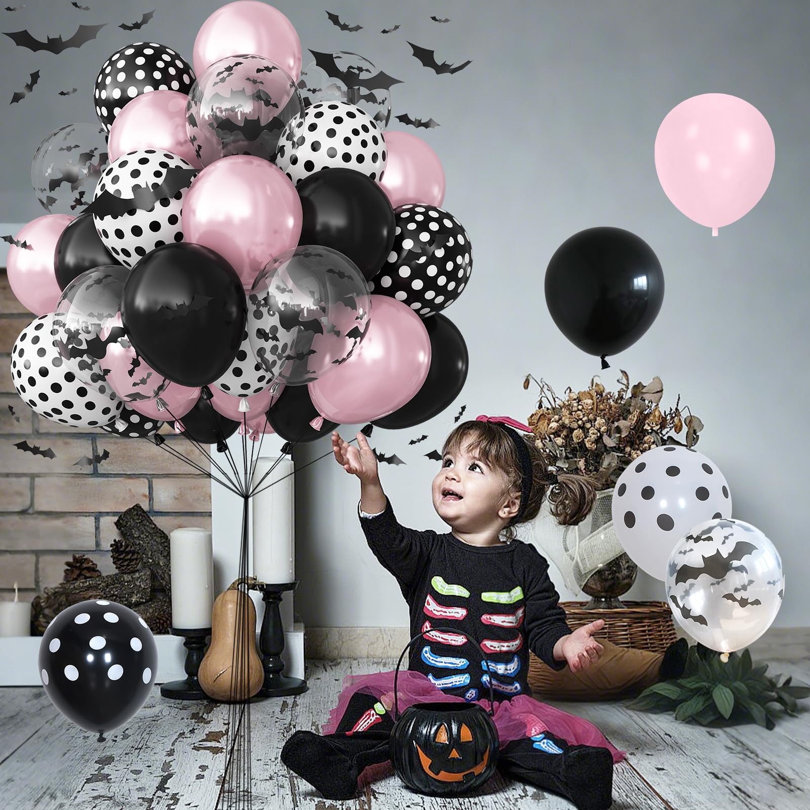 Balony na Halloween, różowy i czarny balon z naklejkami 3D, nadruk nietoperza, balony i balon w kropki, dla dziewcząt, noc, różowy, Halloween, duch, straszne urodziny, baby shower, dekoracja na