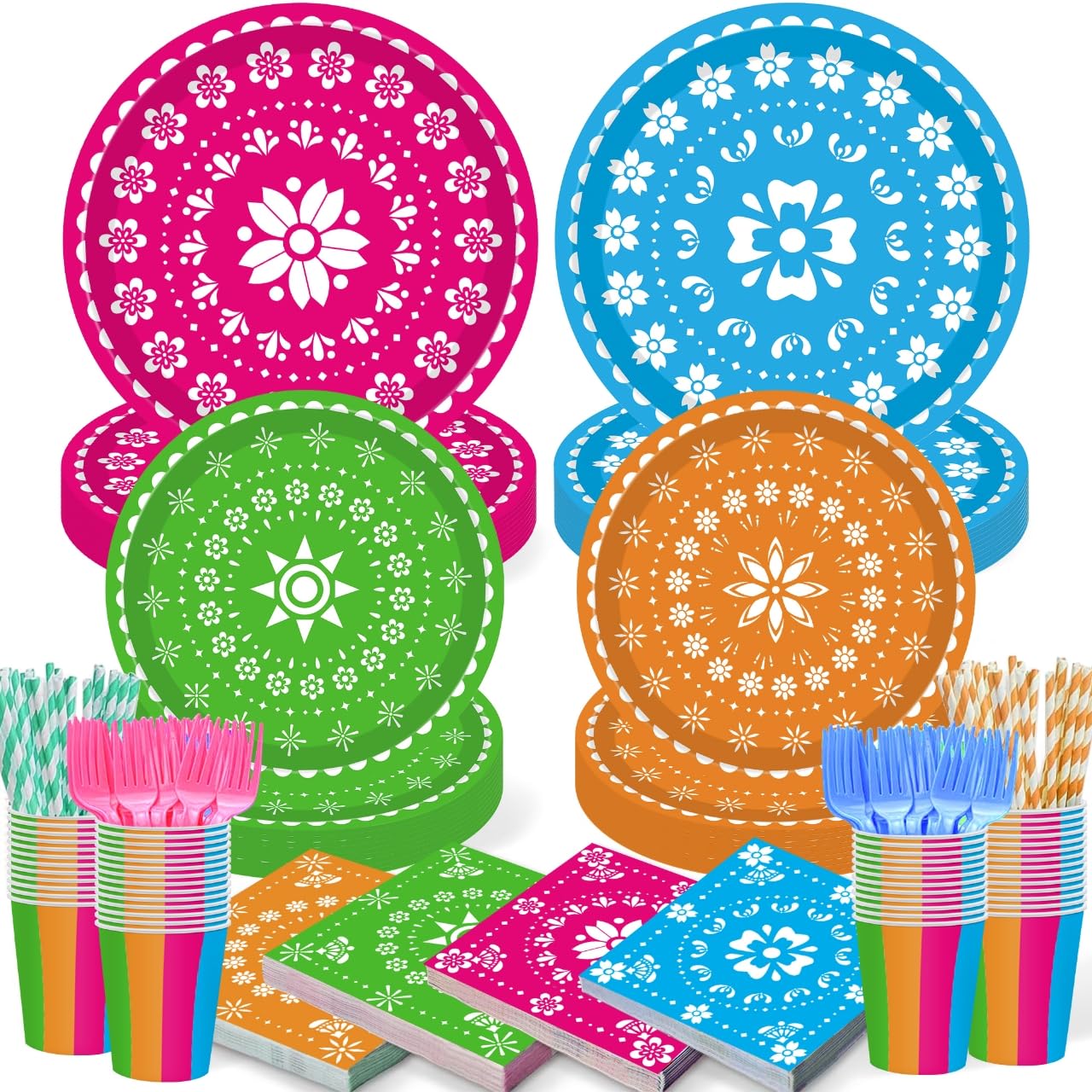 120PCS Mexican Fiesta Plates and Napkins Party Supplies, Cinco De Mayo Party Decorations Tableware Set for Mexico Taco Carnival Colorful Carnival Birthday Pinata Platters Dance Party Serves 20