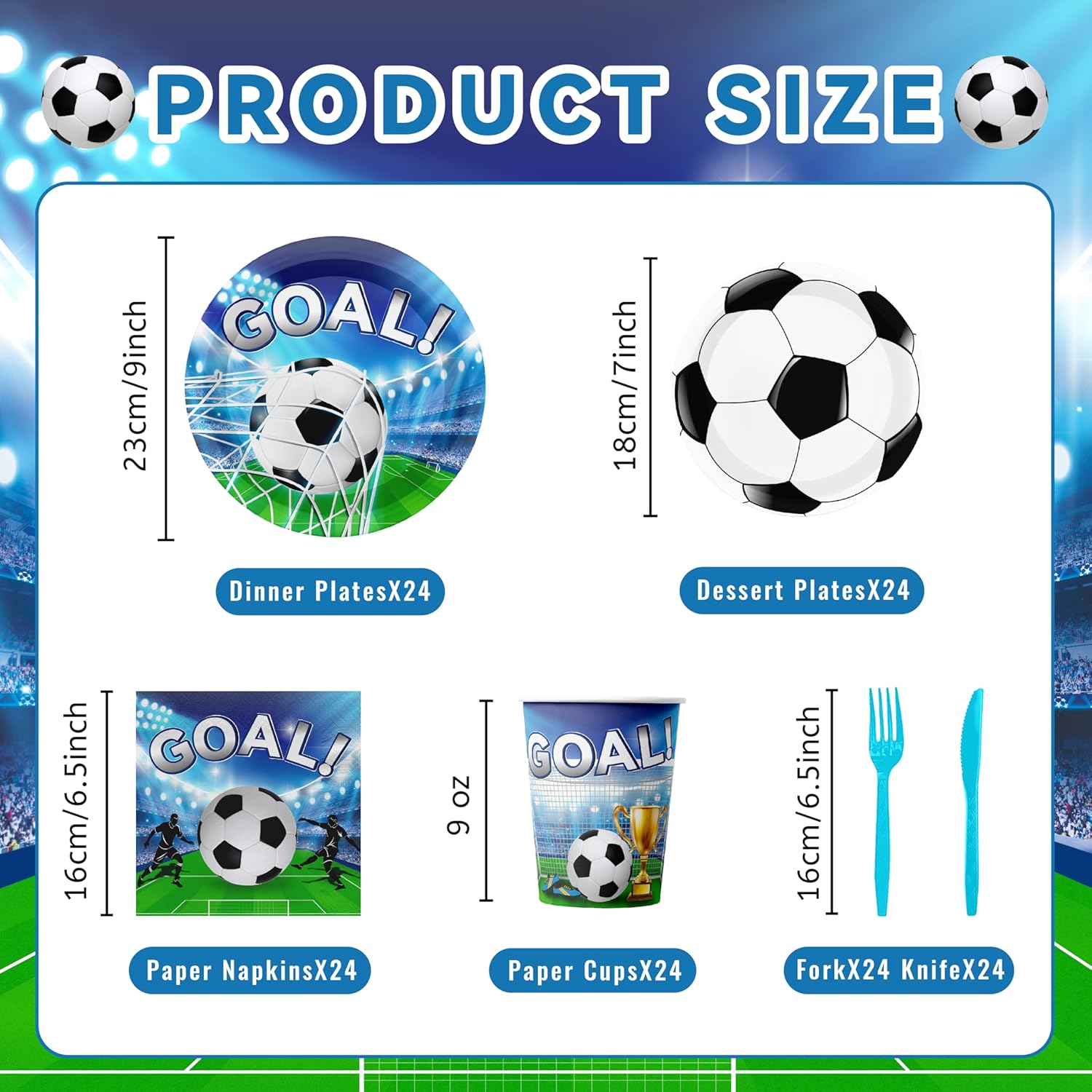 Soccer Party Decorations Tableware,144pcs Soccer Plates and Napkins,Cup,Fork,Knife, Blue Soccer Party Plates and Napkins for Sports Soccer Theme Party Decorations,Sever 24 - Image 4
