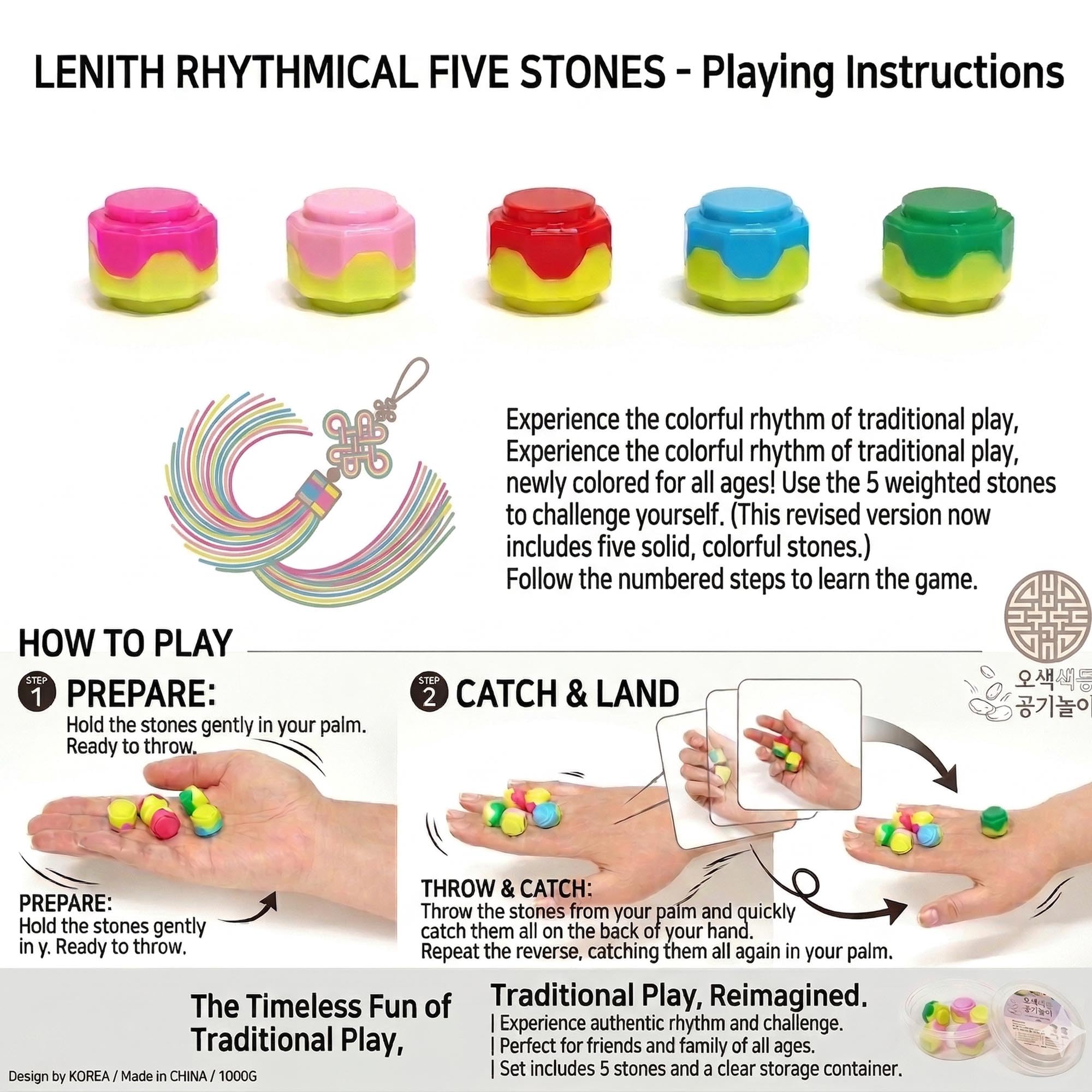 Jeu Gonggi Coréen Traditionnel – Set 5 Pierres Colorées Jack Stones + Règles