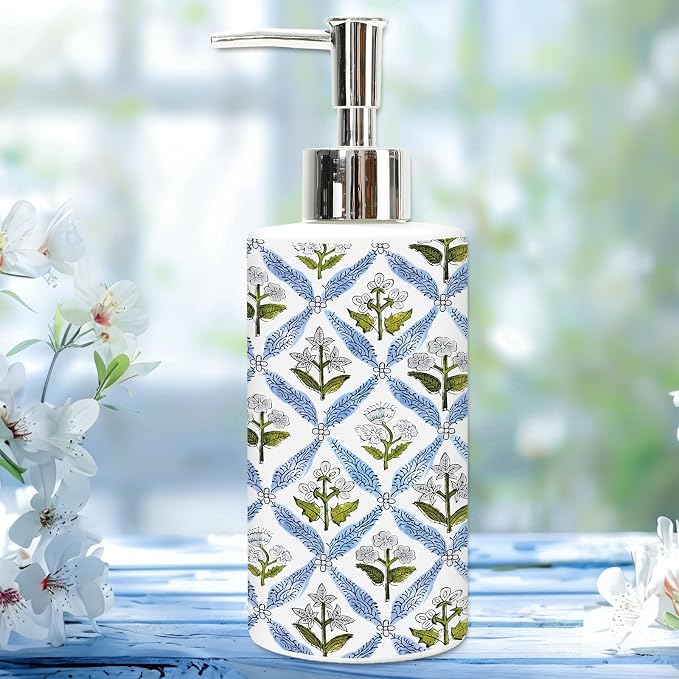 FYSUIMU Spring Floral Soap Dispenser with Pump Blue Diamond Glass Dispenser Vintage Flower Refillable Liquid Soap Container for Home Kitchen Bathroom Countertop