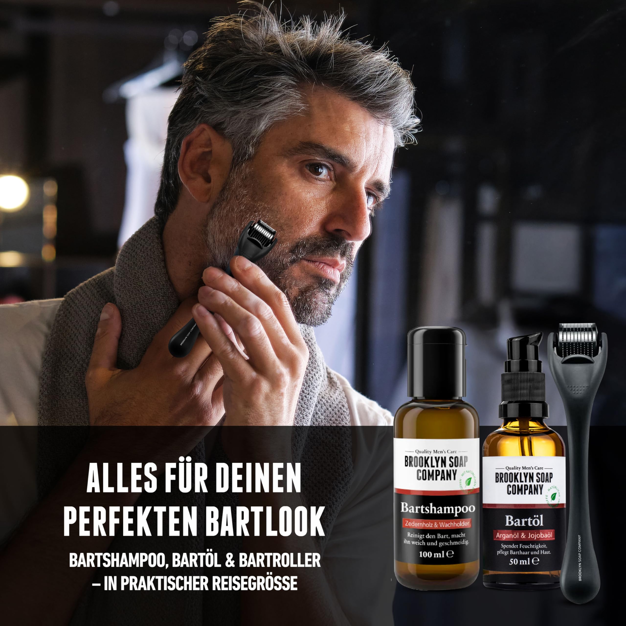 Brooklyn Soap Company Bartpflege Set für Männer - Mit Bartroller, Bartöl & Bartshampoo - Geschenk für Herren - Tägliche Pflege für Bart & Haut