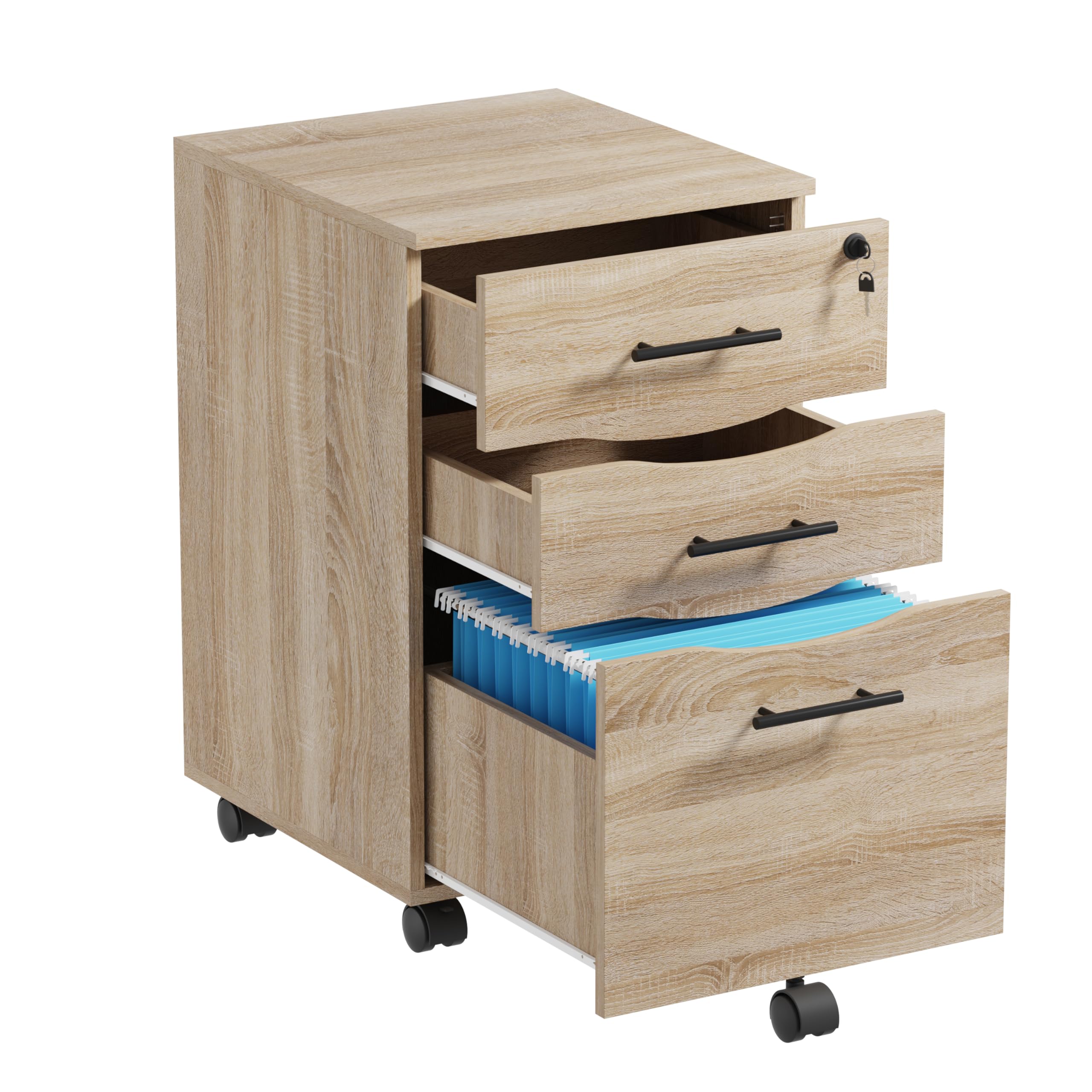 Filing Cabinet 3 Drawer Under Desk Drawers - Oak Wood File Cabinets with Lockable Drawers - 3 Drawer Mobile Pedestal - Mobile Office Drawer Under Desk - Secure Storage Solution