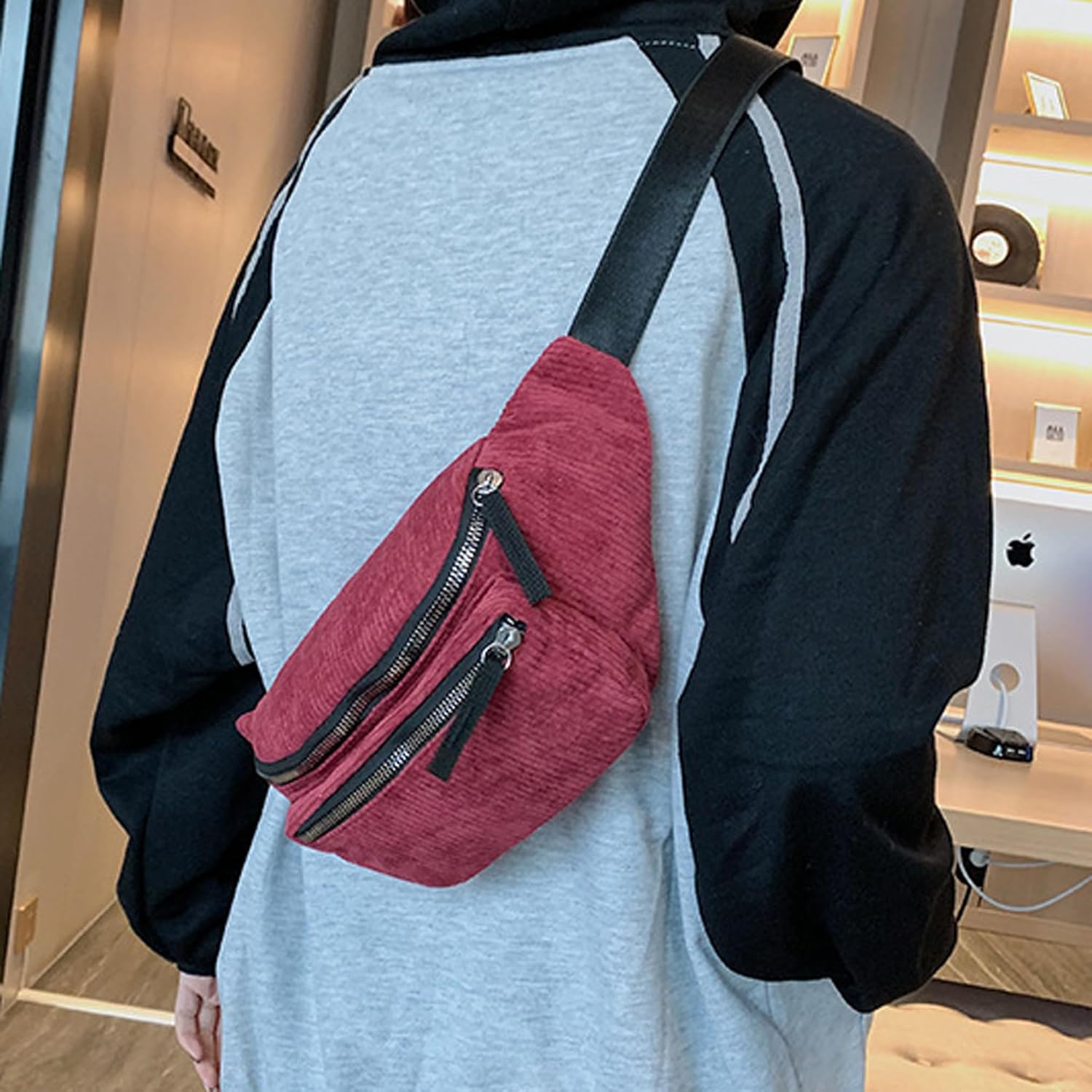 eYLun Women Fanny Pack Crossbody Bag Casual Corduroy Waist Bag Adjustable Chest Bag Waist Pack for Travel Walking Running Hiking Cycling Red - Image 4