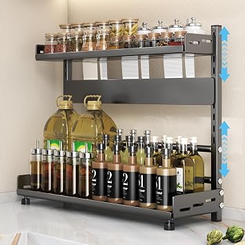 Spice Rack Organizer for Countertop, 2-Tier Height-Adjustable Spice Rack Organizer, Metal Standing Kitchen Counter Organizer with Guardrail & Knife Block for Kitchen Cabinet