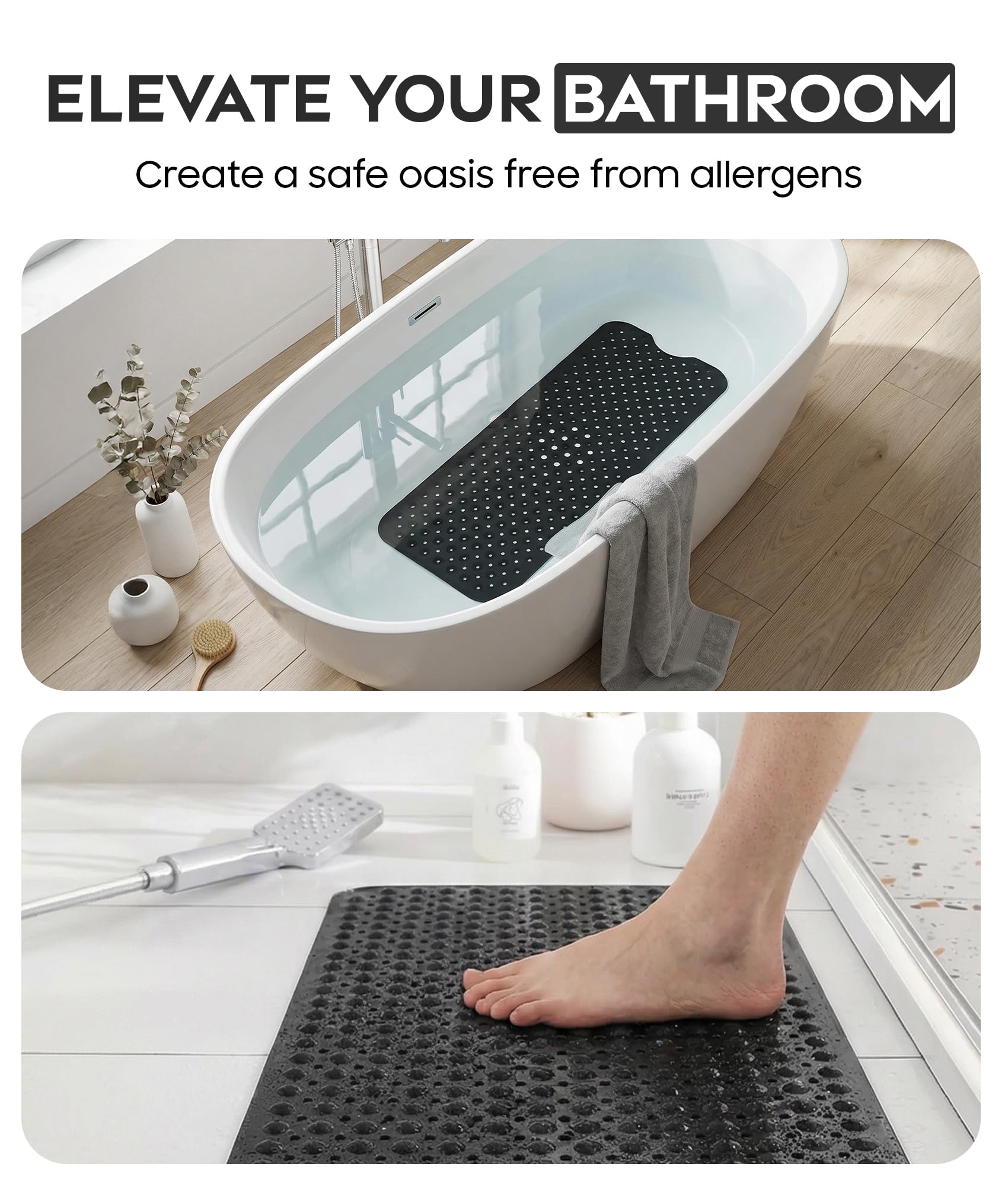 ADOV Tapis de Bain antidérapant 100x40 cm Extra Long Anti-moisissure 200 ventouses Trous de Drainage Lavable en Machine