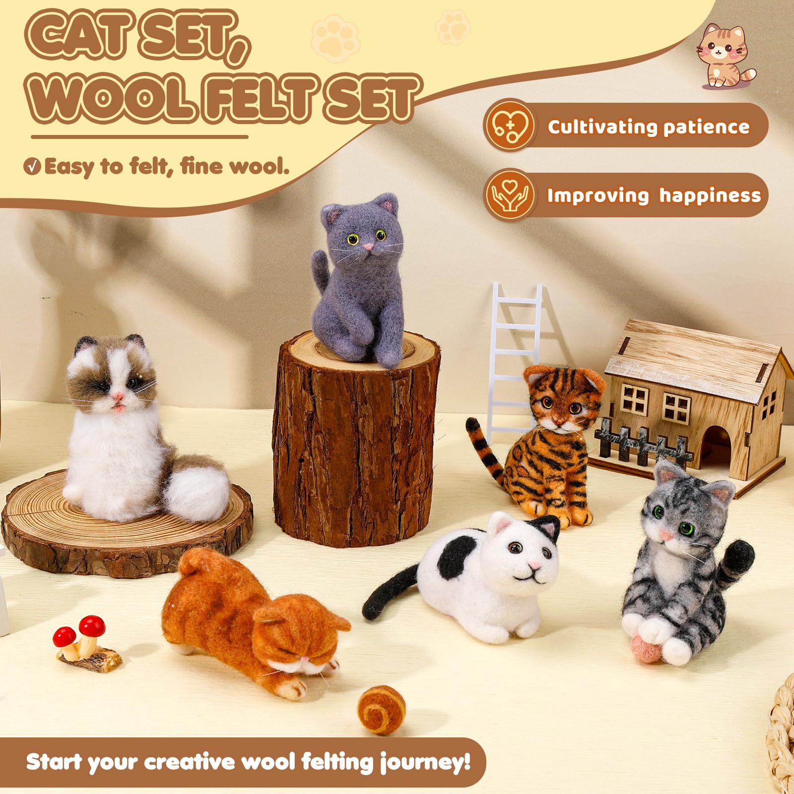 Doxiru Needle Felting Kit, 6 Pcs Cat Animal Felted Beginner Kits, Needle Felting Tools with Instruction, Wool Pad - Image 3