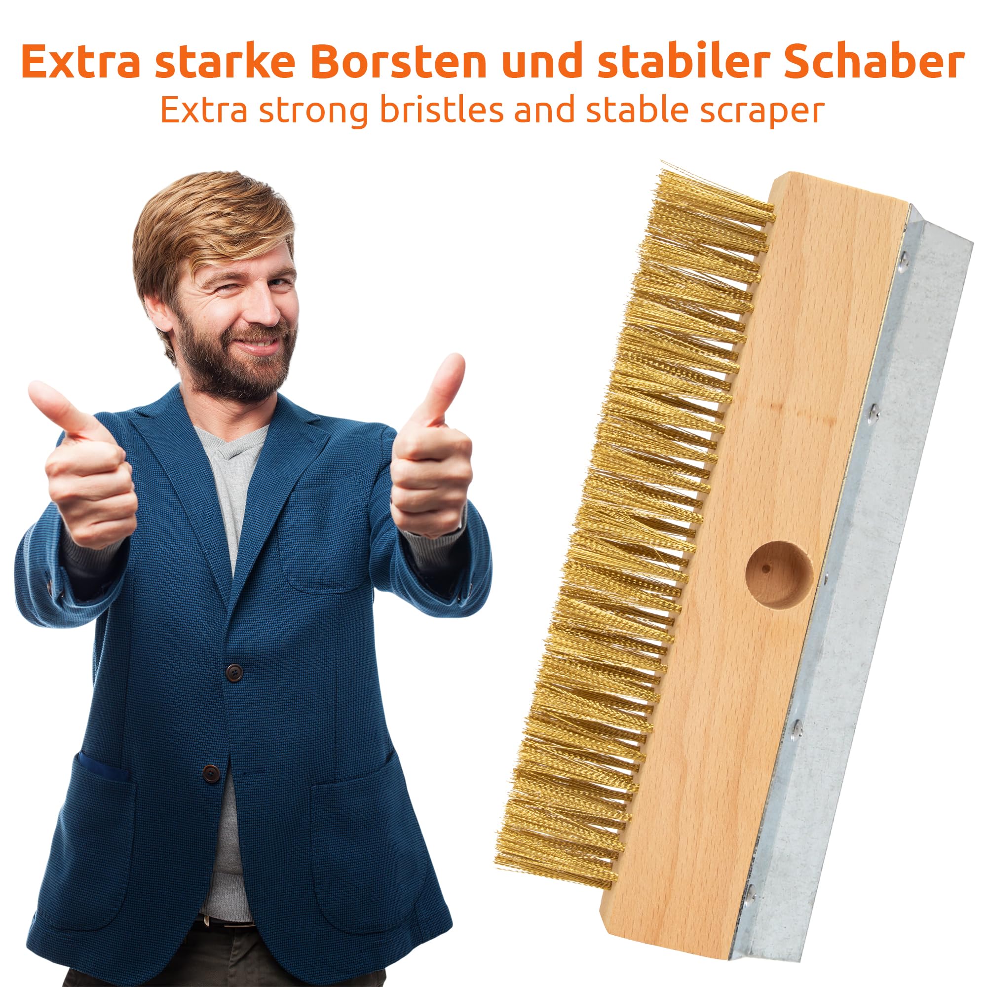 ECENCE Brosse avec poils laiton ondulés, nettoyage four à pizza, four à bois, fumoir, brosse à main pour éliminer la suie, la saleté, brosse à poils en laiton avec grattoir