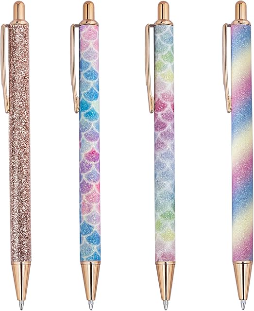 HOTKMB Ballpoint Pens 4 Pieces Glitter Rose Gold Click Ball Pens Metal Retractable Pen for School Office Supplies, Black Ink Medium Point 1.0 mm