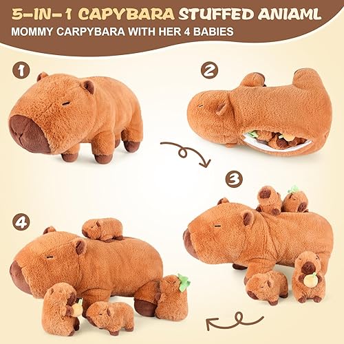 Miniatura 3 de Peluches Capybara 5 en 1 con bebés en el interior, juego de 5 piezas de peluche Capybara con mamá y 4 bebés, decoración de almohada suave, lindo