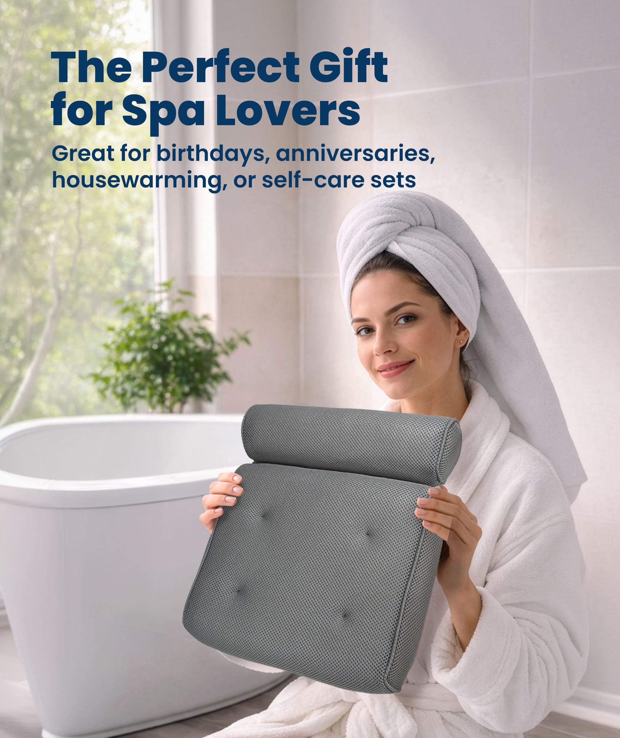 Everlasting Comfort Luxus-Badekissen für die Badewanne mit Kopf & Nackenstütze - Rutschfestes Badewannenkissen mit Saugnäpfen, schnelltrocknendem Meshgewebe, Aufhängehaken, Jacuzzi & Spa-Zubehör, Weiß