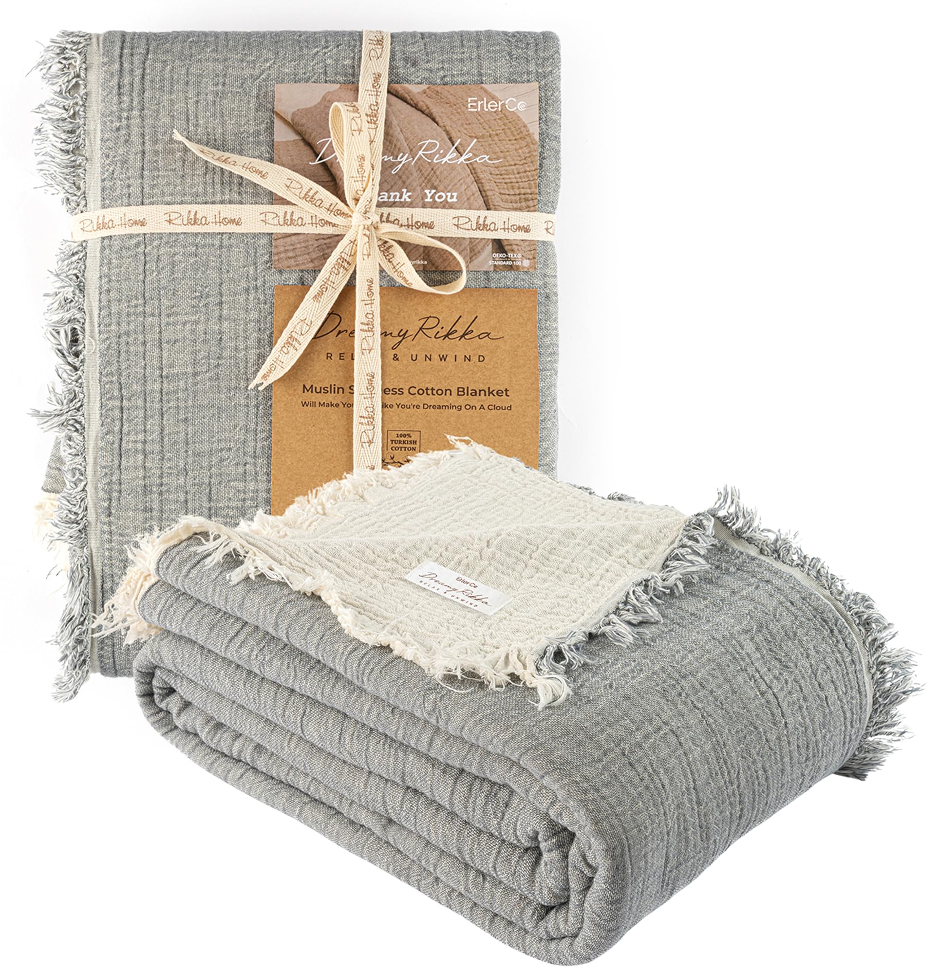Photo 1 of DREAMY RIKKA Muslin Gauze Cotton Blanket, 100% Oeko-TEX Certified, 3 Layer 2 Ply, Soft Breathable All Season Bedding, Bed Layering Coverlet, Queen Size 83 x 89 in, Cloud Gray