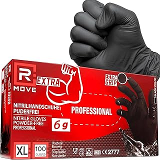R MOVE 100 Einweghandschuhe Schwarz, Nitrilhandschuhe EXTRA BESTÄNDIG Einmalhandschuhe +60% Dicke 6gr puderfrei und latexfrei gummihandschuhe handschuhe einweg (XL)
