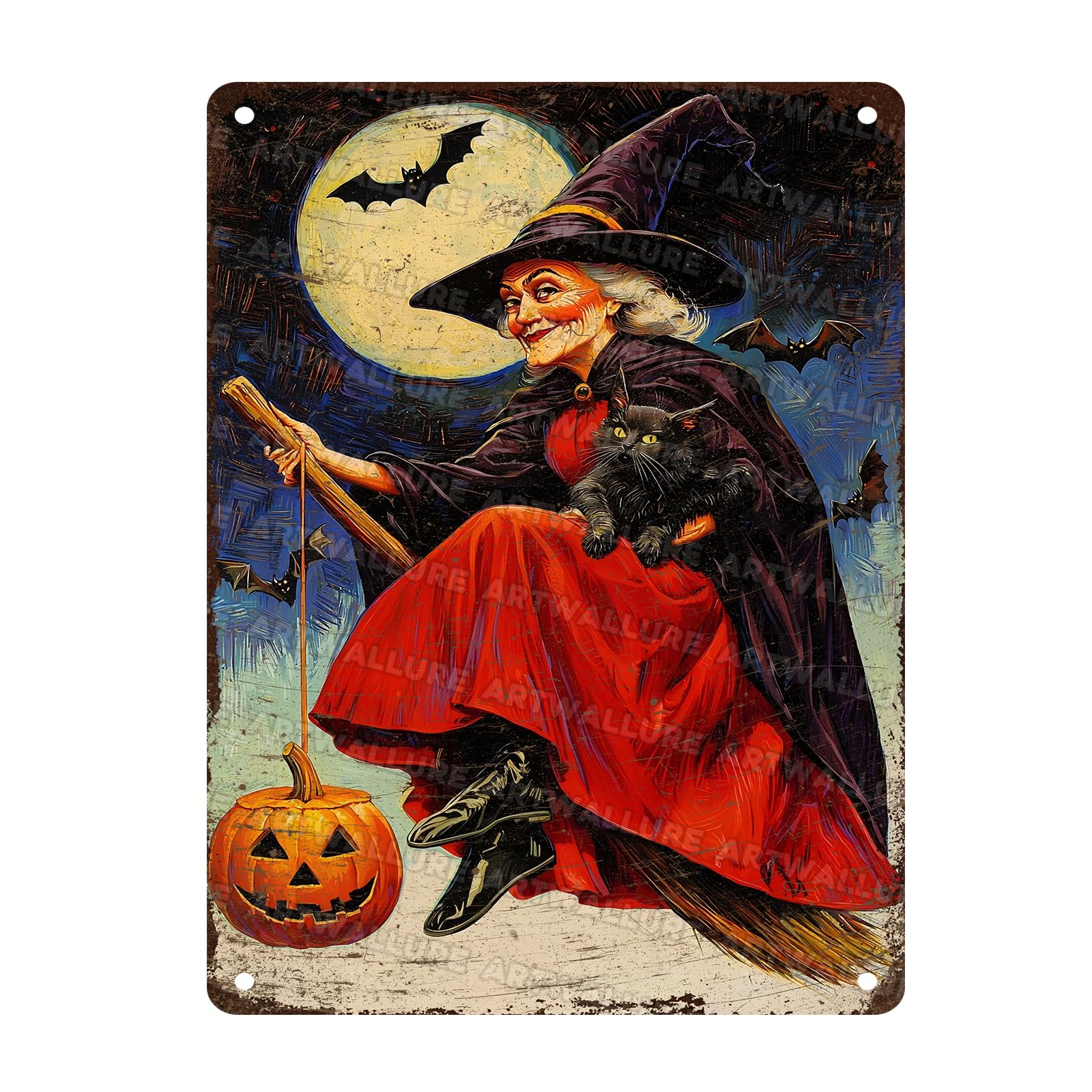 Witch Flying Broom Vintage Sign Halloween Cat Metal Tin Sign Full Moon Bat Pumpkin Poster 12x16inch