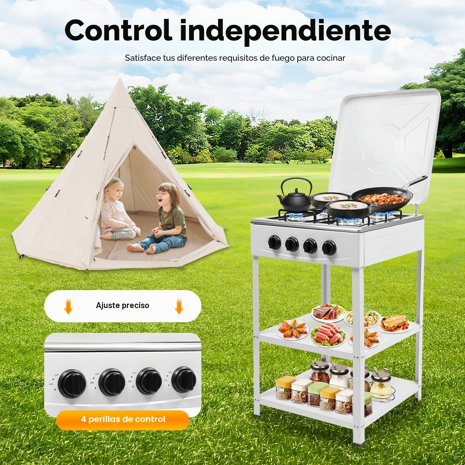 Cocina de gas natural con quemadores 4/5, cocina de gas natural portátil equipada con estante de almacenamiento de doble capa, diseño desmontable, utilizado como estufa de encimera sin patas (blanco,