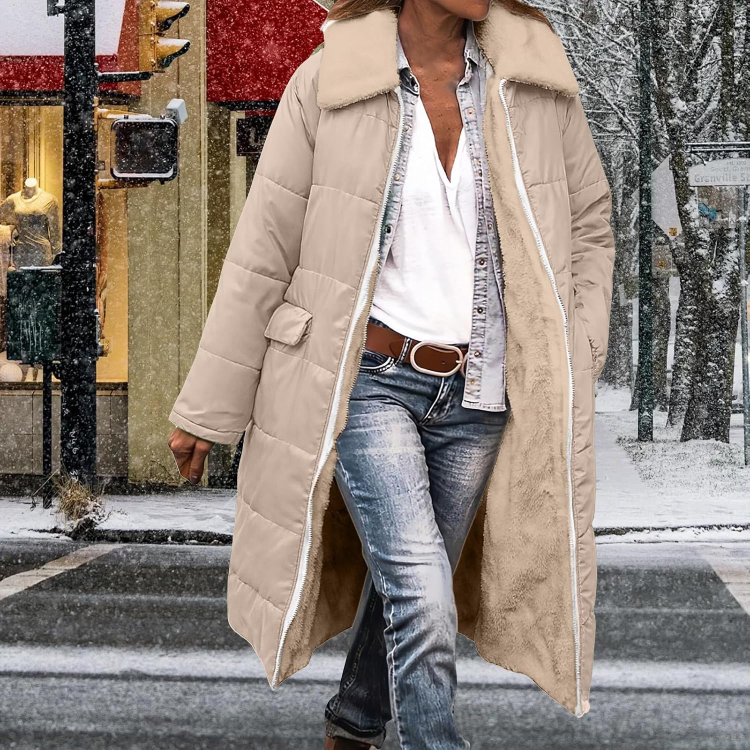 Women Long Padded Jackets:Fashion Zip Up Lightweight Winter Warm Coats Fleece Hiking Outdoor Outfits