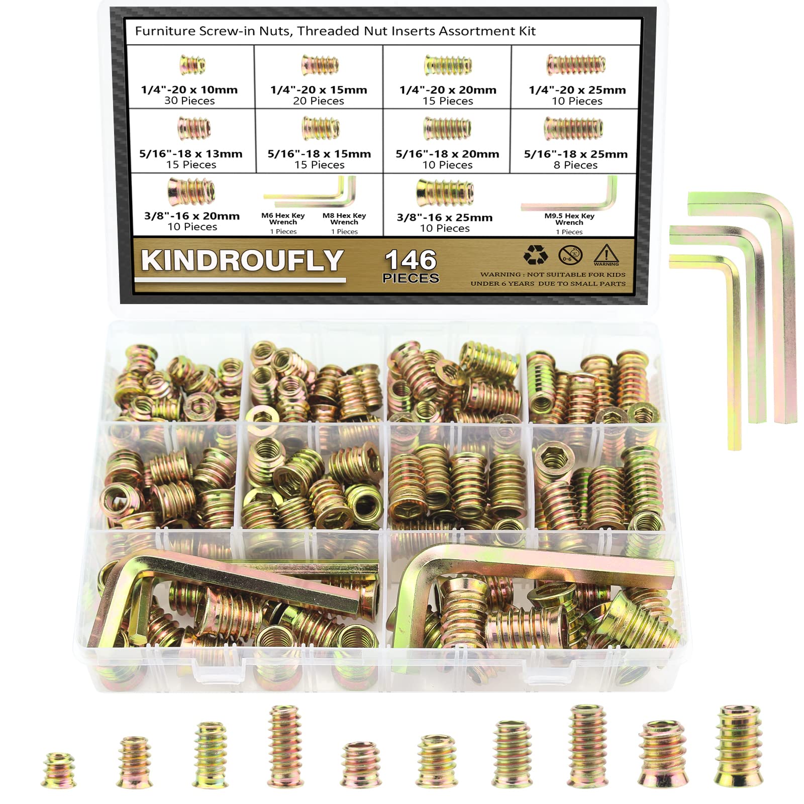 Kindroufly 146 Pieces 1/4"-20, 5/16"-18, 3/8"-16 Threaded Inserts, Nut Inserts, Wood Inserts, Steel Threaded Inserts Assortment Kit for Wood Furniture Screw