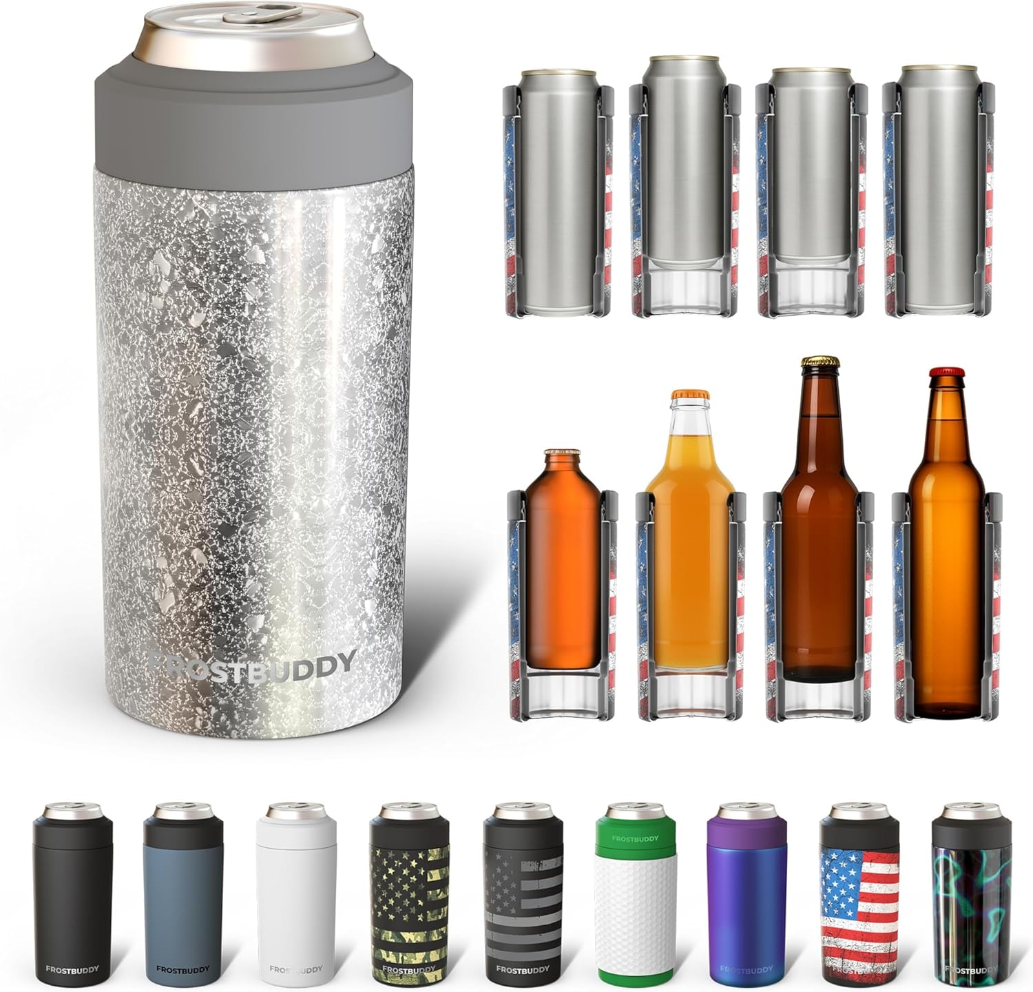 Frost Buddy Universal Can Cooler - Fits all - Stainless Steel Can Cooler for 12 oz & 16 oz Regular or Slim Cans & Bottles - Stainless Steel (Silver Sleigh)