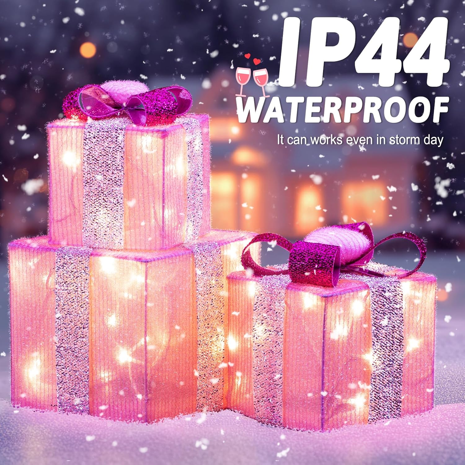 Areker Lighted Gift Boxes Set of 3 Christmas Decorations with Timer, Valentines Day Decor with Pink Heart 60 LED Battery Operated Light Up Holiday Decorations for Indoor & Outdoor