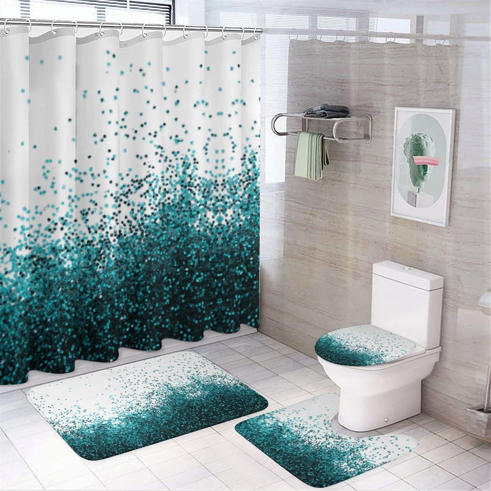 JZemdybill Bathroom Mat Set 4 Piece, Glitter Blue Teal Shower Curtain with Non-Slip Bath Mats for Bathroom