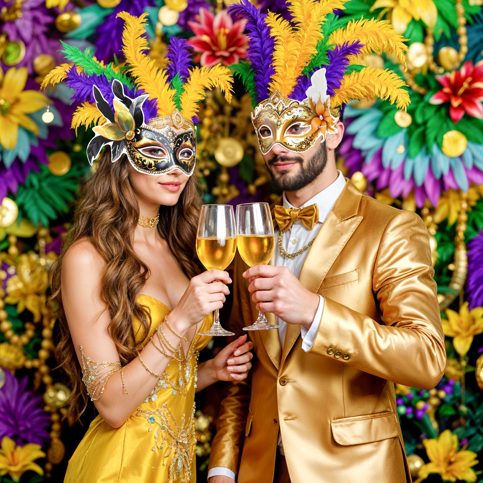 12 PCS Mardi Gras Masks Paper Glitter Gold Masquerade Masks Vintage Feather Masks Parade Prom Party Favors for Men Women Kids New Orleans Mardi Gras Costume New Year Photo Booth Props