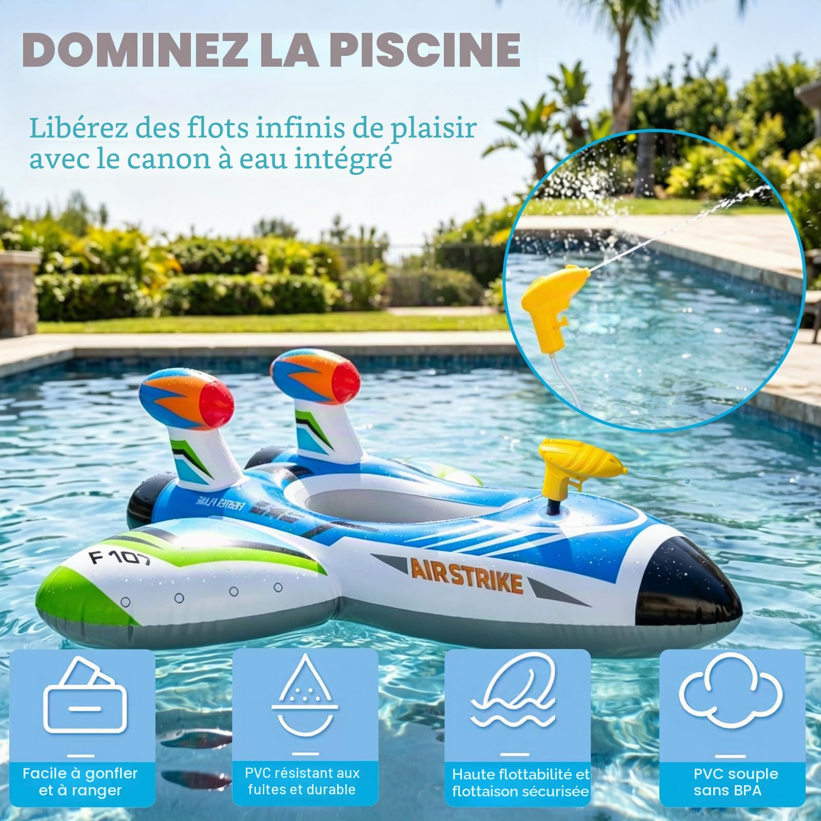 Bouee Bebe avec Pistolet, ZoneYan Bouee Piscine Bebe, Flotteur De Natation Avion, Jouets Aquatiques Piscine pour Enfants 1-6 Ans