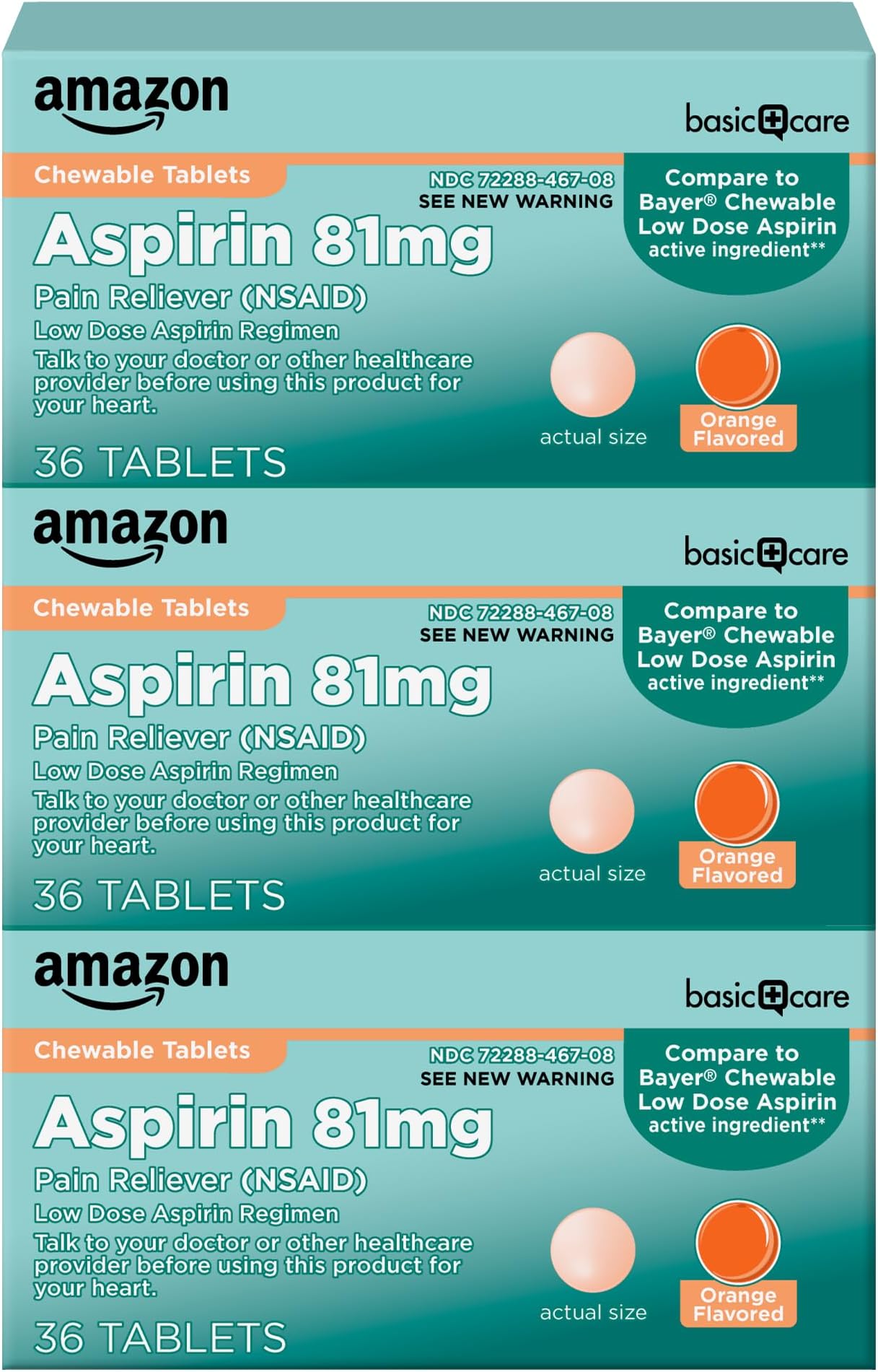 Amazon Basic Care Aspirin 81 mg Pain Reliever (NSAID) Chewable Tablets, Low Dose , Orange Flavor, 36 Count (Pack of 3)