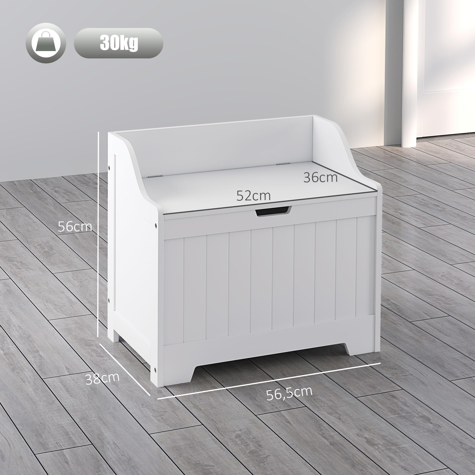HOMCOM Truhe, Aufbewahrungsbox mit Deckel, Auflagenbox Aufbewahrungstruhe, Spielzeugtruhe, Gerätetruhe, für Wohnzimmer, Schlafzimmer, Weiß, 56,5 x 38 x 56 cm