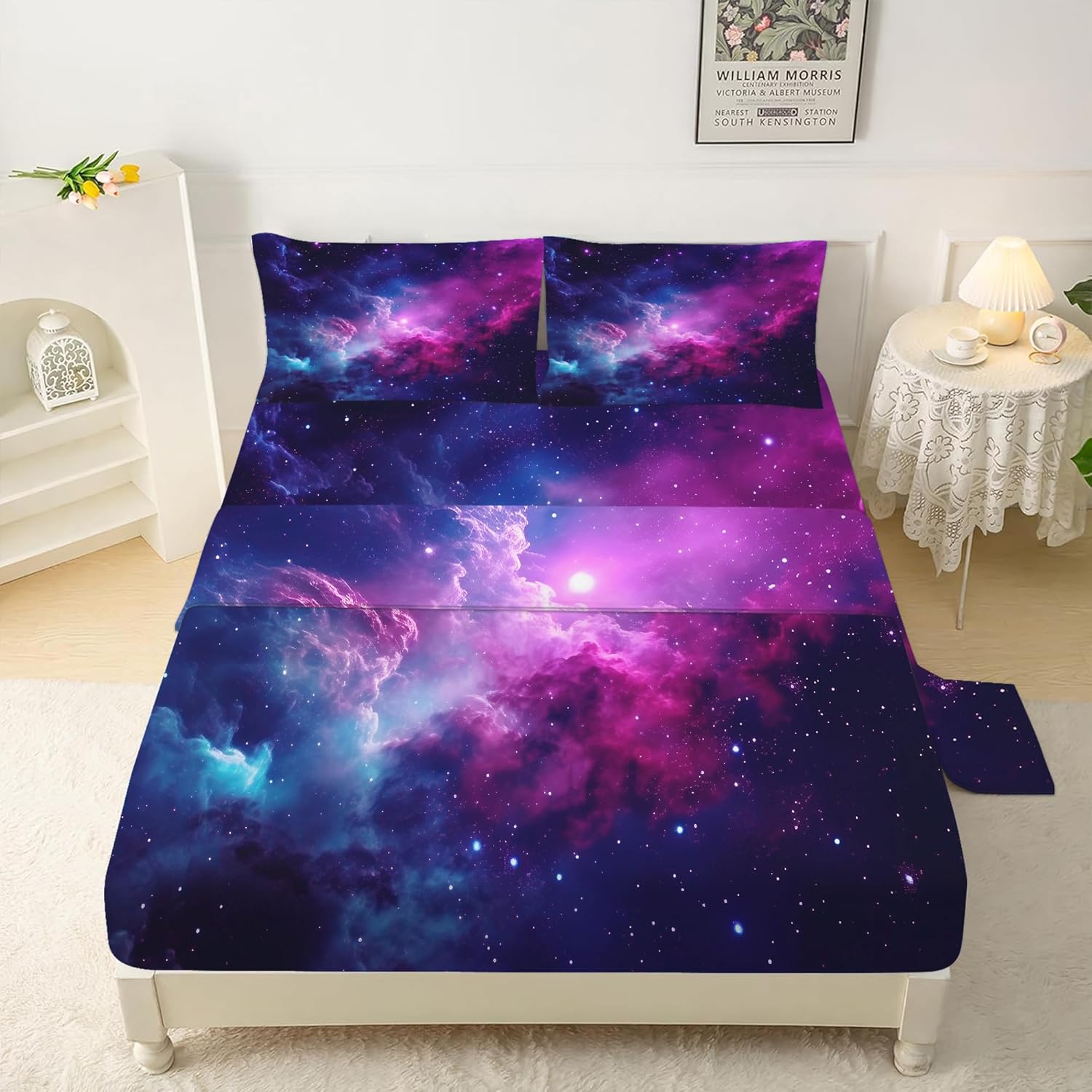 Purple Galaxy Bedding Set Queen Kids Teens Girls Boys Starry Sky Fitted Sheet Space Universe Star Design, Home Decorative 3 Pcs Bedding Decor Set with 1 Flat & 2 Pillowcases