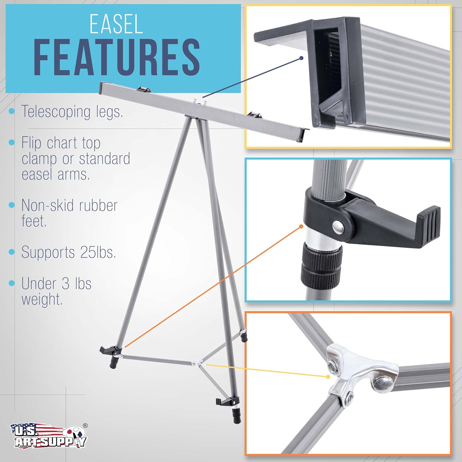 U.S. Art Supply 66" High Classroom Silver Aluminum Flip Chart Easel & Presentation Stand (4 Pack) - Adjustable Floor/Tabletop, Portable Tripod, Holds 25 lbs., for Chart Paper, Poster Boards, & Pads