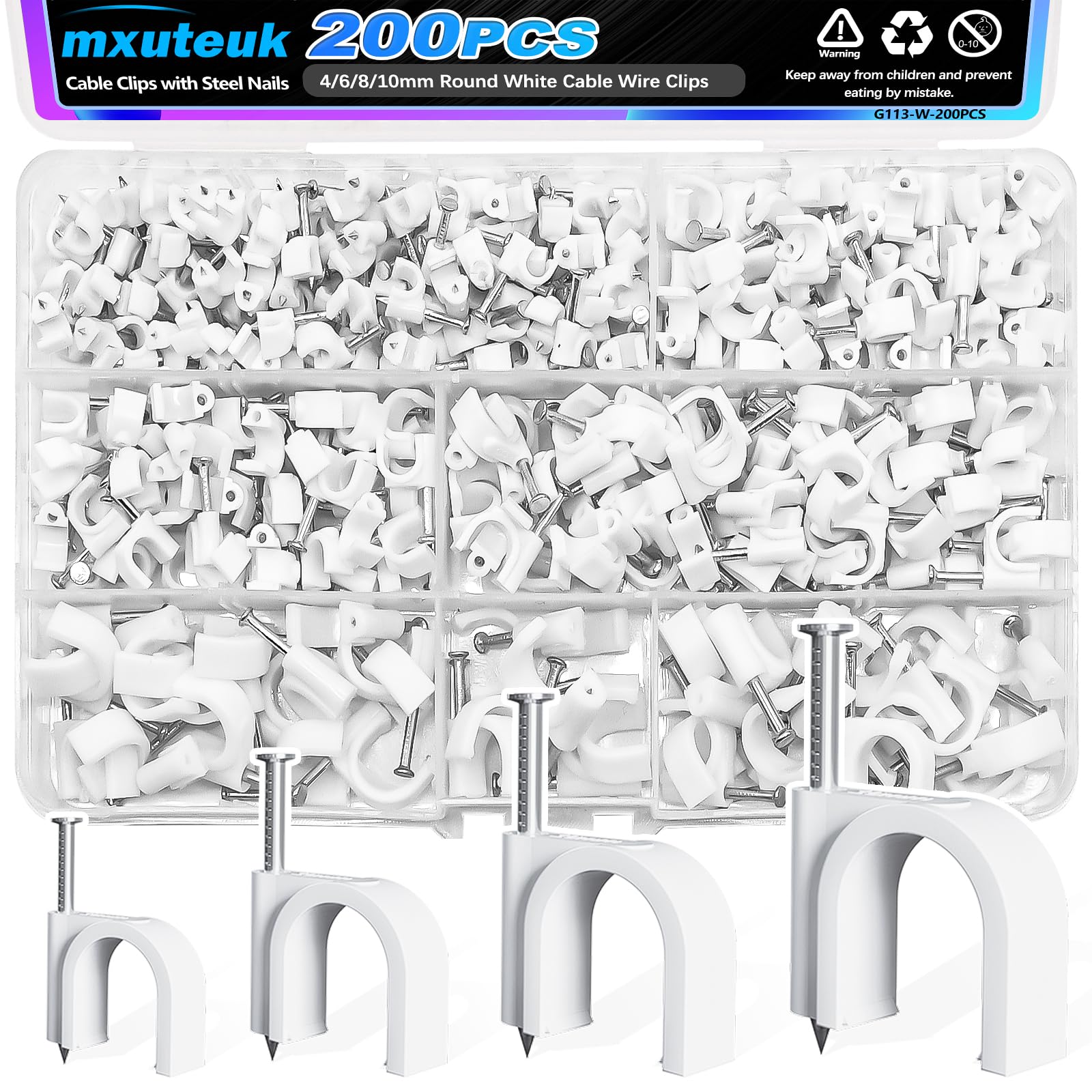 mxuteuk 200PCS Cable Clips with Steel Nails,4/6/8/10mm Round White Cable Wire Clips,Wall Clips for Cords,Cable Cord Clips for RG6 RG59 CAT6 RJ45