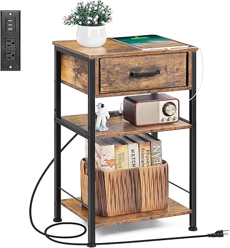 melos Mesitas de noche con estación de carga, mesa auxiliar de cama con cajón de tela de 3 niveles, mesas auxiliares para sala de estar con puertos