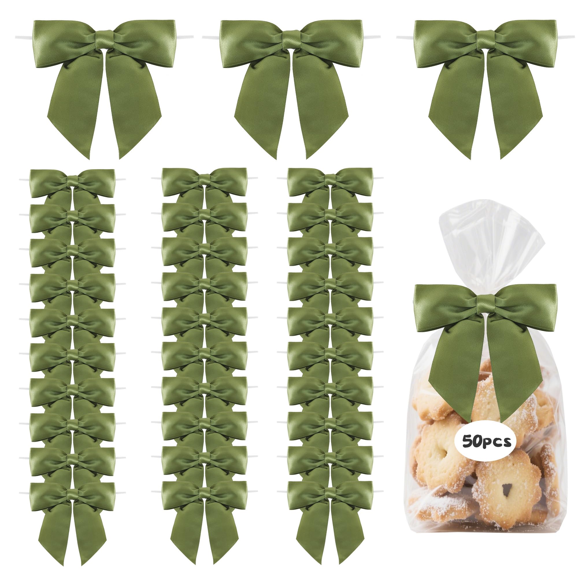 TONIFUL 50pcs Moss Satin Ribbon Bows with Twist Tie, 4.5 Inch Sage Satin Bows for Gift Wrapping, Treat Bags, Crafts, Bottles, Christmas Tree, Wedding, Baby Shower, Birthday Party Decorations — image 1