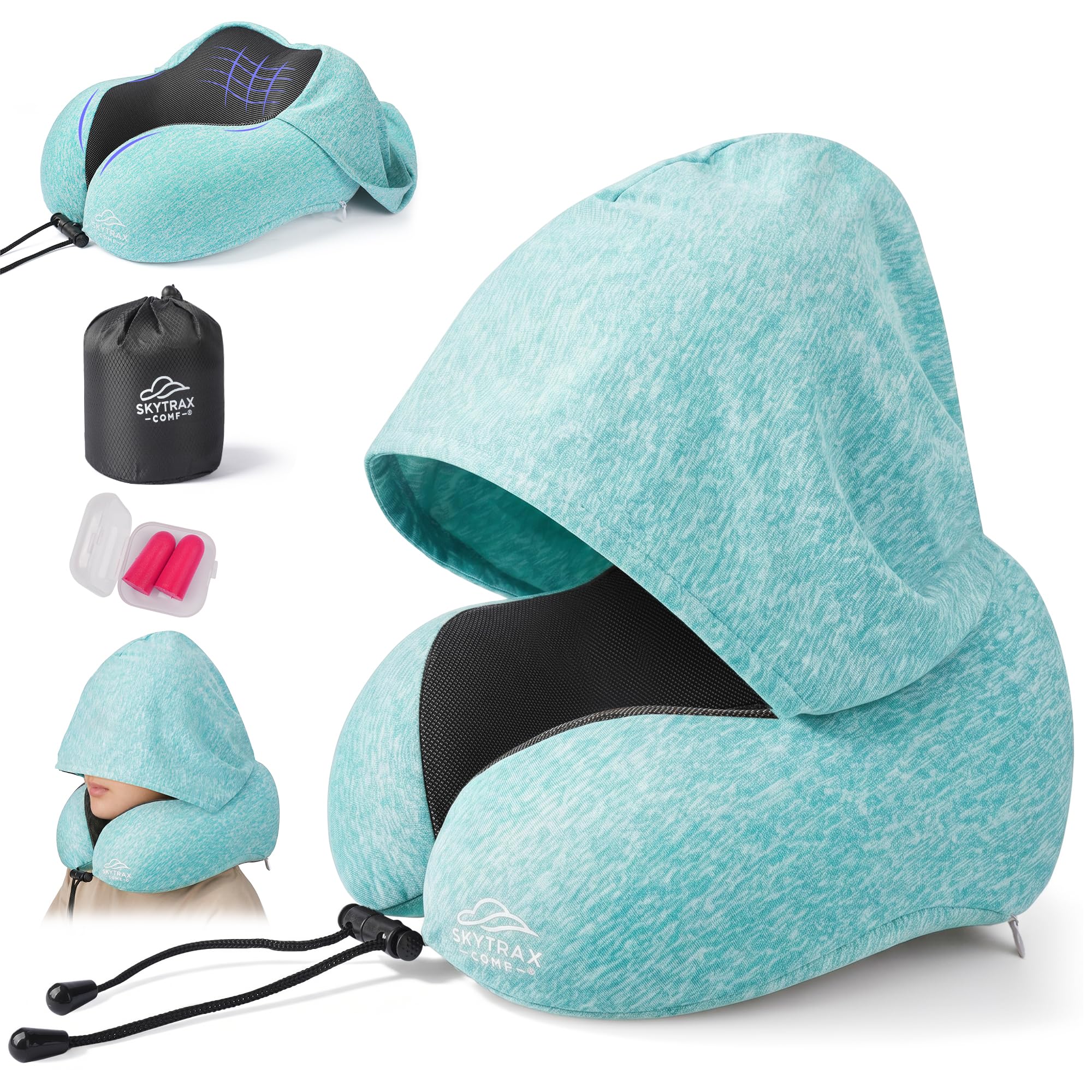 SkytraxComf® Travel Neck Pillow with Hood for Privacy on Long Flights
