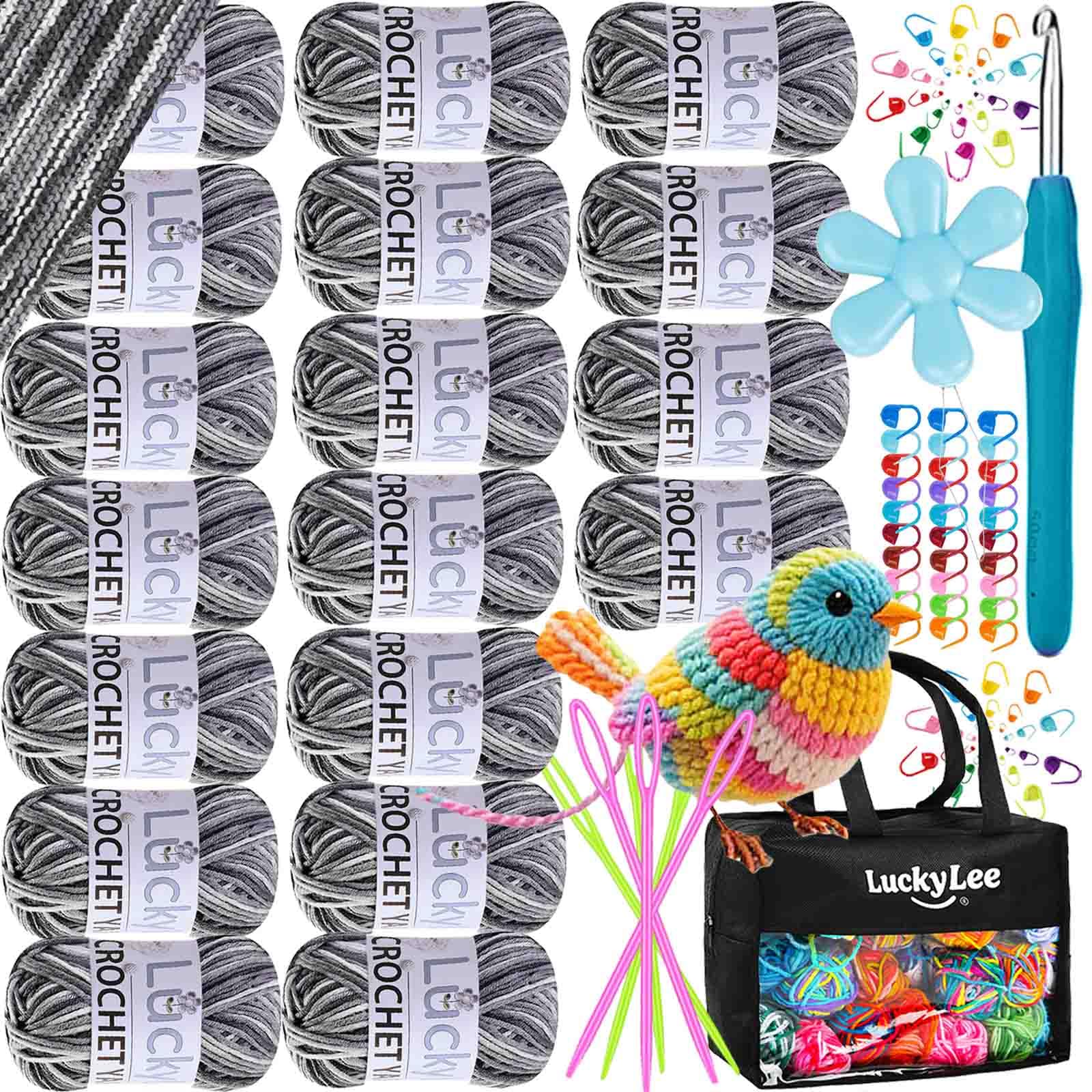 Crochet Yarn (18 * 25g), Acrylic Wool Double Knitting Wool, Crochet Wool with Carry Bag, Aluminum Crochet Hooks Stitch Markers, Ombre Color Yarn for DIY Craft Blankets Socks Dolls (08-Smoky Grey)