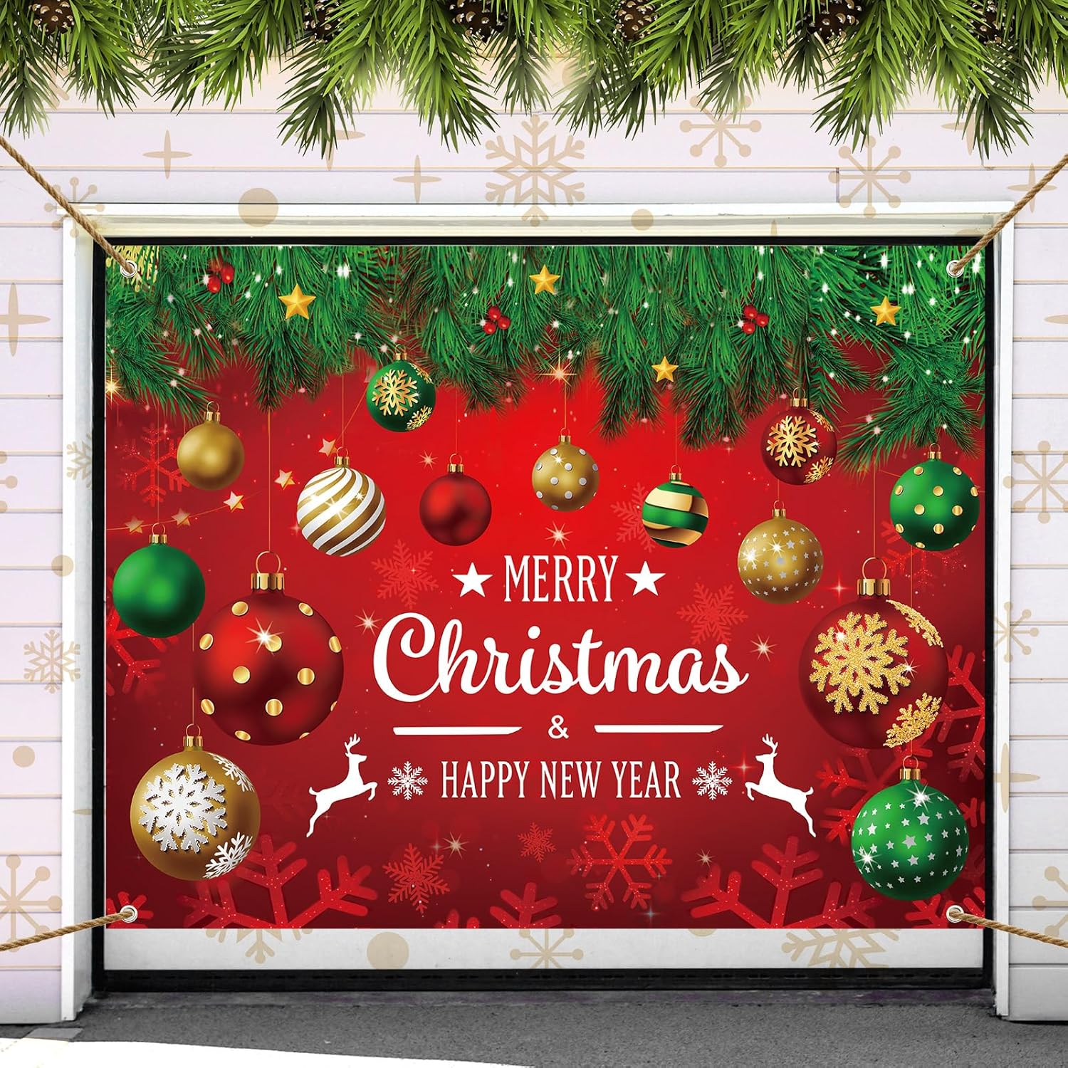 7 x 9 ft Christmas Garage Door Decorations Large Merry Christmas Garage Door Hanging Banner Happy New Year Garage Door Cover for Xmas Holiday Party Decor(Red, Green, Gold,Classic)