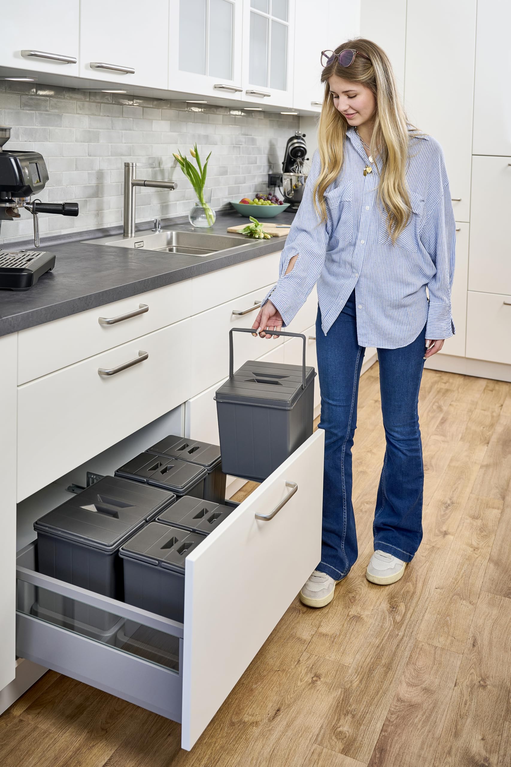 Aspira Modułowy kosz na śmieci do szuflady, kosz na śmieci "Müllomatic MODUL 1", pojemnik z tworzywa sztucznego z wbudowaną podstawą, pojemność: 1 x 16 l, system segregacji śmieci, wysokość 295 mm (2