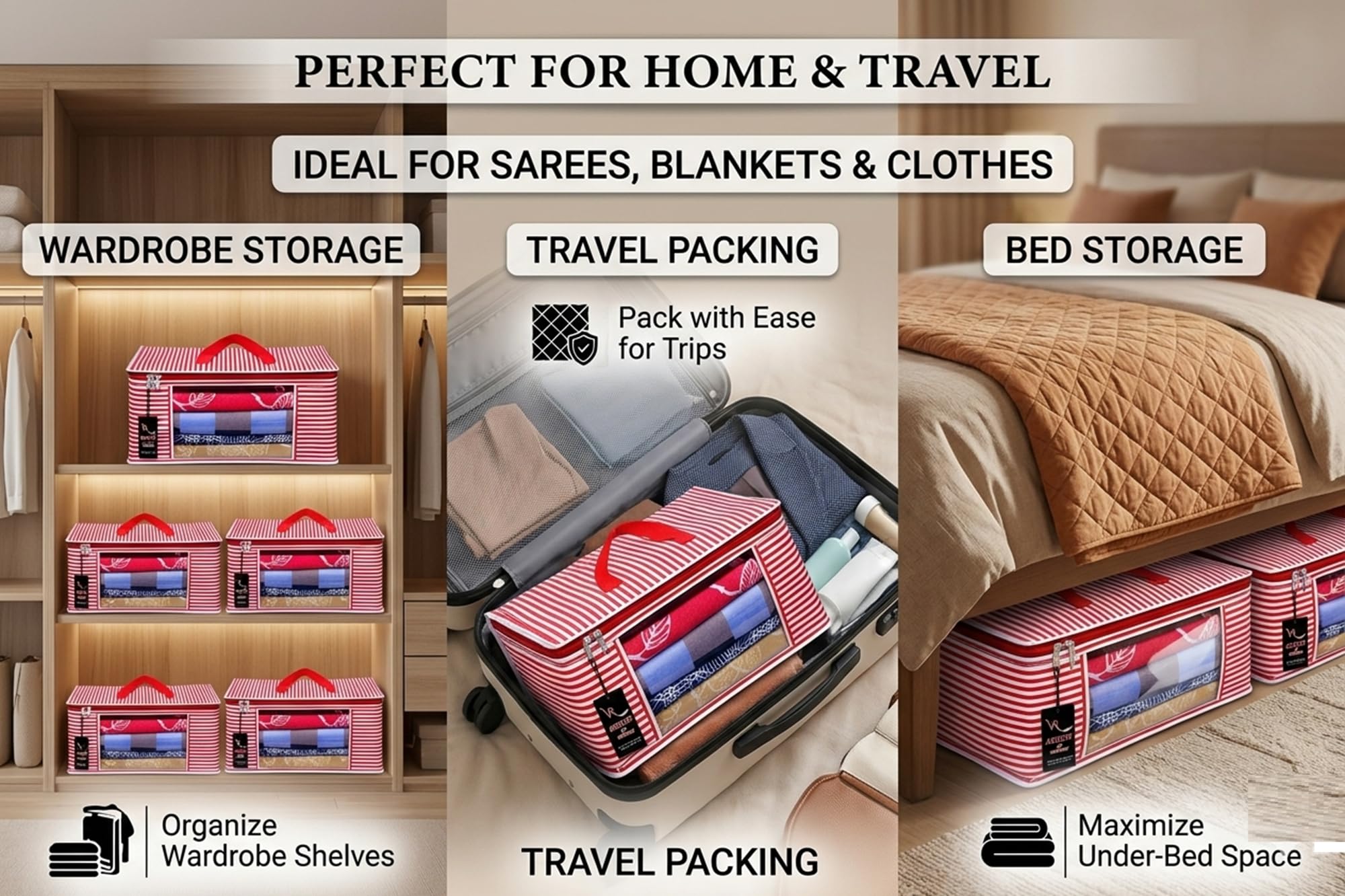 Clothes Storage Bags with Zipper β Pack of 1 | Large Foldable Underbed Storage Bag | Moisture Proof Wardrobe Organiser for Saree Blanket Bedsheet Lehenga | Dustproof Cloth Organiser with Handle 3
