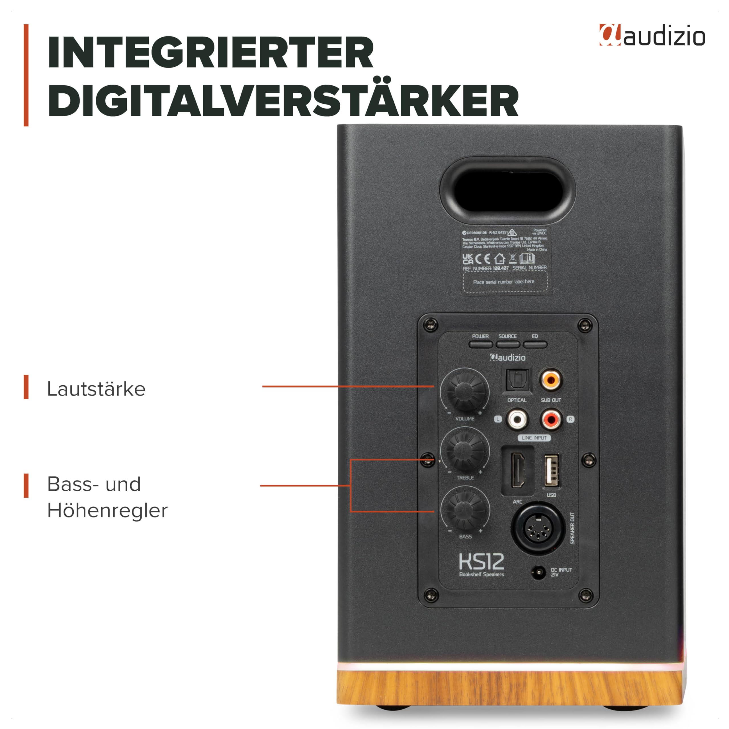 Audizio KS12 Aktiv Lautsprecher Boxen Set 80 Watt - HiFi Boxen mit Bluetooth 5.3, Ambiente-Licht, HiFi Lautsprecher mit Verstärker für TV & PC, Sub-Out, HDMI, Optisch, USB & Fernbedienung - Schwarz