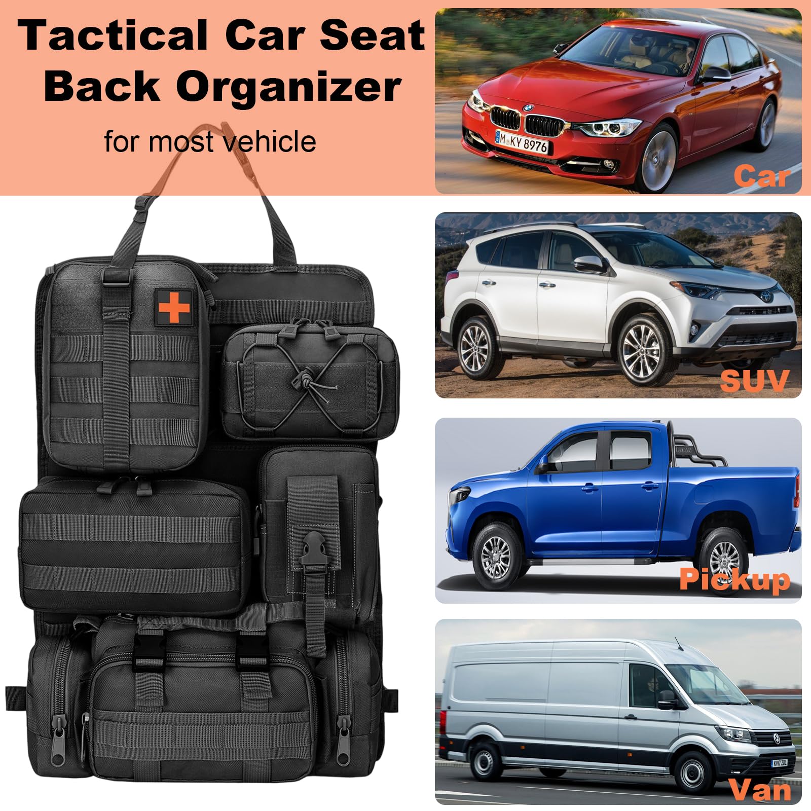 Organizador táctico para asiento trasero de coche, panel táctico multifuncional para vehículo, con 5 bolsas de almacenamiento desmontables, bolsa colgante de almacenamiento para respaldo de