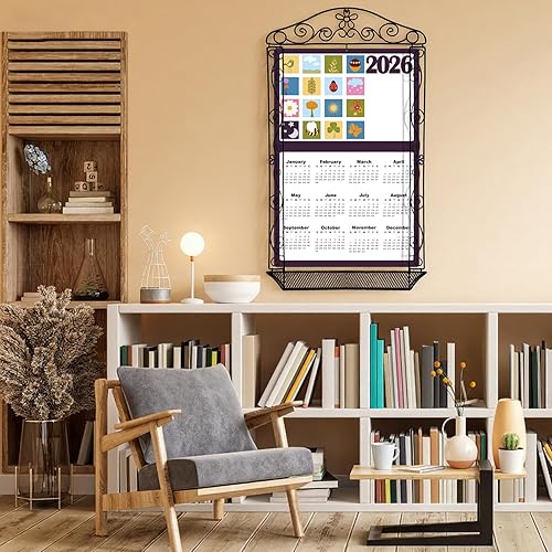 Miniatura 5 de Zonon Soporte de calendario de metal para pared, 18 x 32 pulgadas, marco de calendario de hierro forjado con cesta, colgador vertical para pósters,