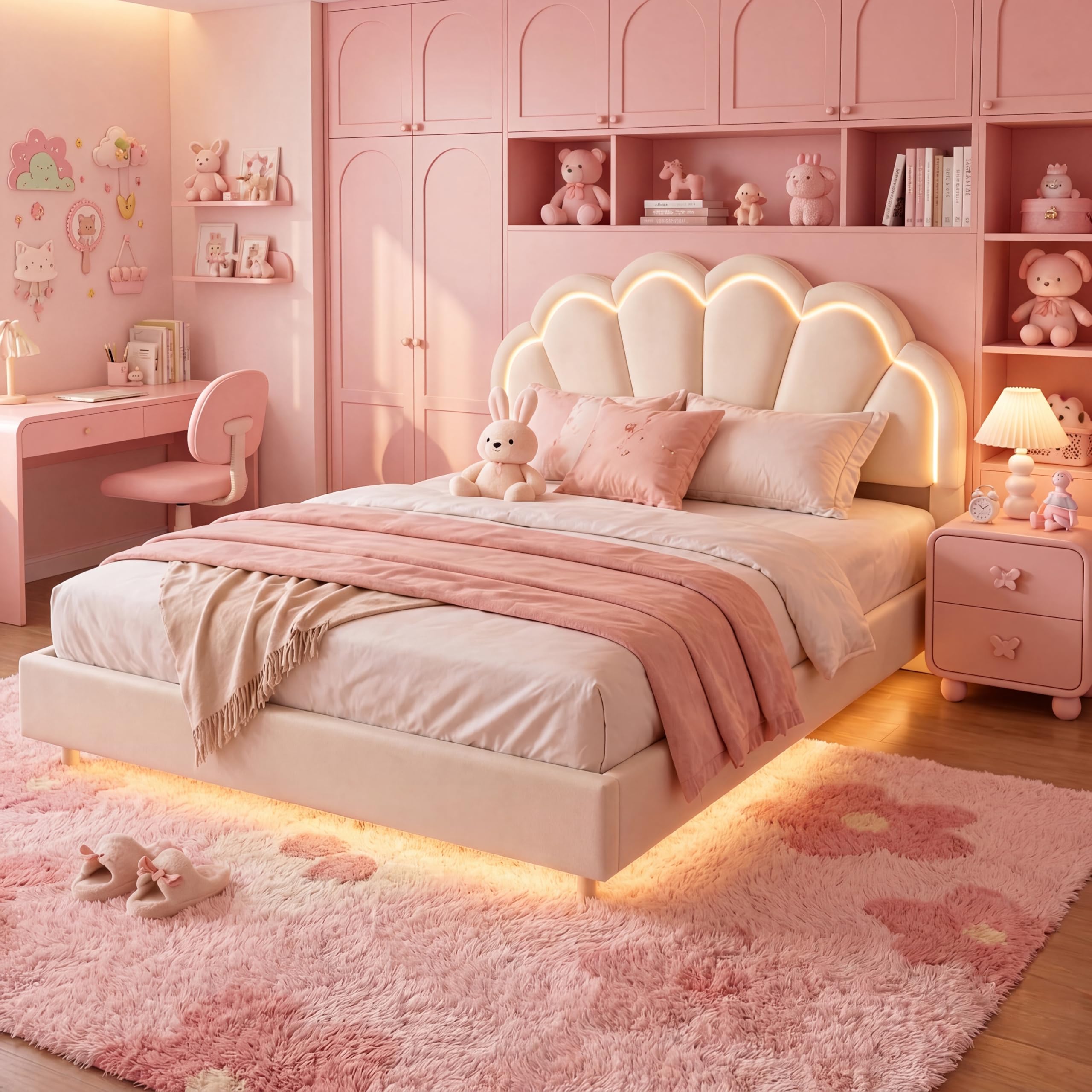 Polsterbett Doppelbett 140x200 cm für Mädchen, Mädchenbett Jugendbett, Gepolsterter Schwebender Bettrahmen mit LED-Lichtleisten und Kopfteil in Blumenform, Samtstoff,Beige