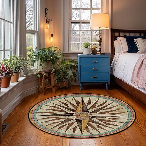 Miniatura 8 de keepcute Tapete de brújula vintage, tapete de área con temática náutica, antideslizante, alfombra redonda para dormitorio, sala de estar, estudio,