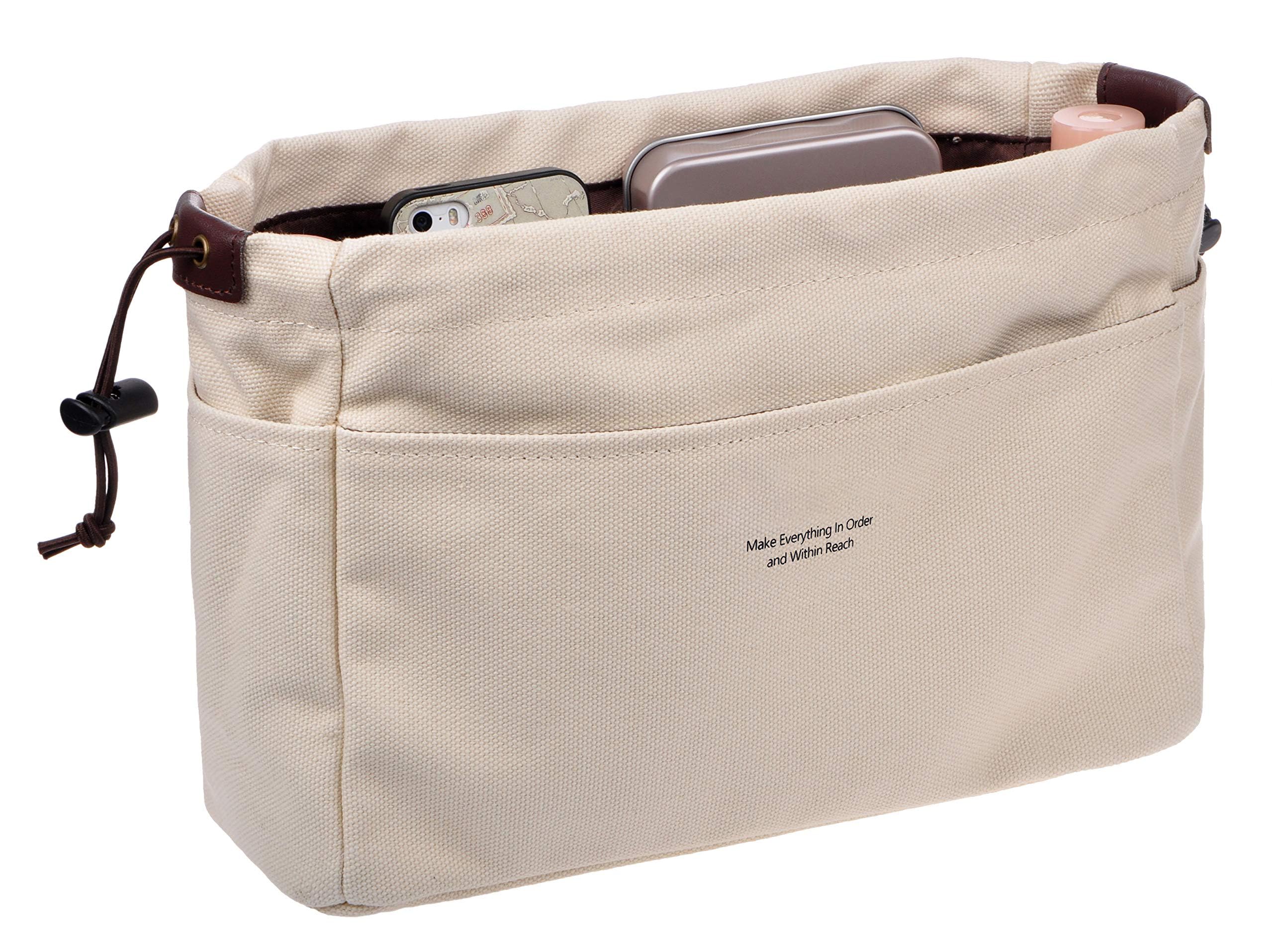 KASTWAVE Canvas Handbag Organizers, Sturdy Purse Insert Organizer Bag in Bag, Women Handbags & Totebag with zipper, 10 Pockets, Color Beige Large