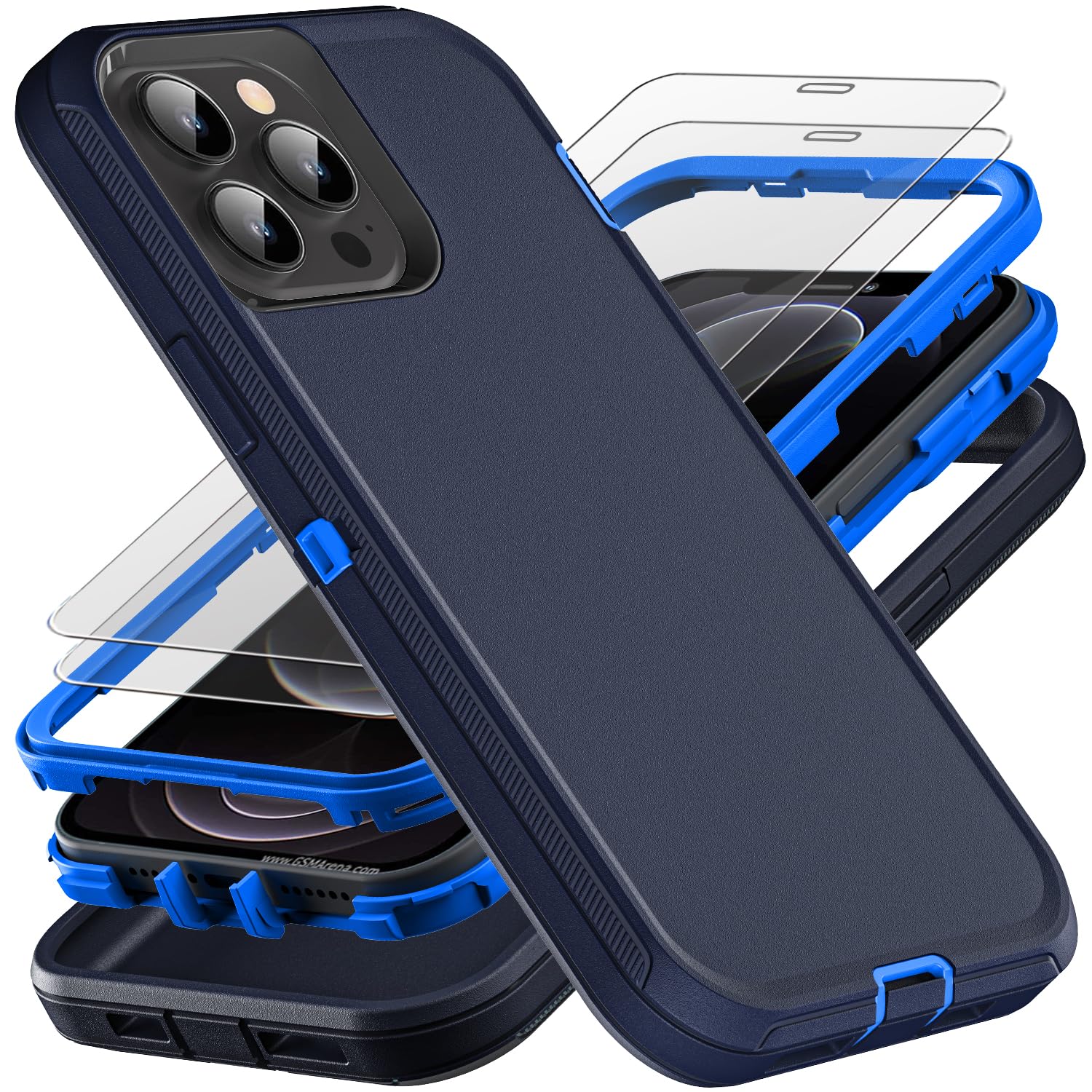 for iPhone 12 Pro Max Case, Military Grade 3 in 1 Heavy Duty Shockproof/Drop Proof/Dust Proof Case with 2Pcs Tempered Glass Screen Protector (Navy Blue)
