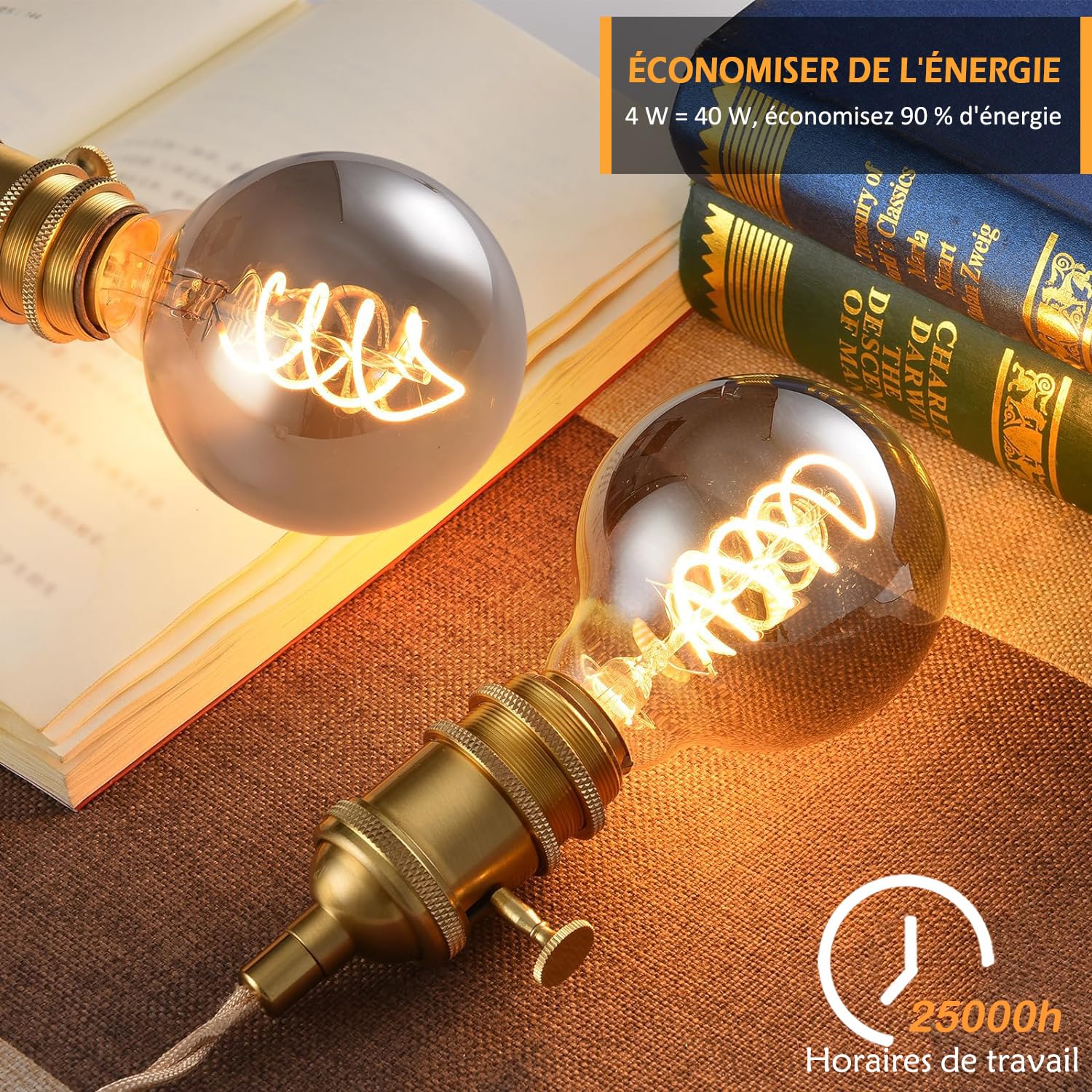 Ampoule LED vintage Edison, Ampoule dimmable E27 2700K 4W LED, Lampe Edison vintage à intensité variable E27, idéale pour un éclairage nostalgique et rétro - Gris Fumé - 6 pièces (G80)