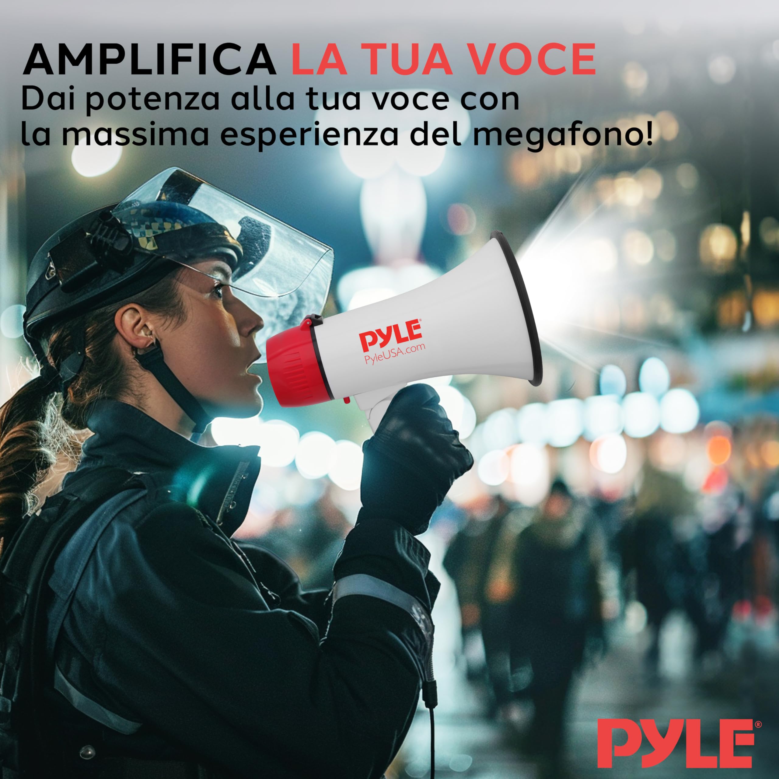 Pyle Megafono Portatile 30 Watt con Sirena e Luci LED, Controllo Volume Regolabile per Calcio, Basket, Baseball, Cheerleading, Allenamenti e Sicurezza