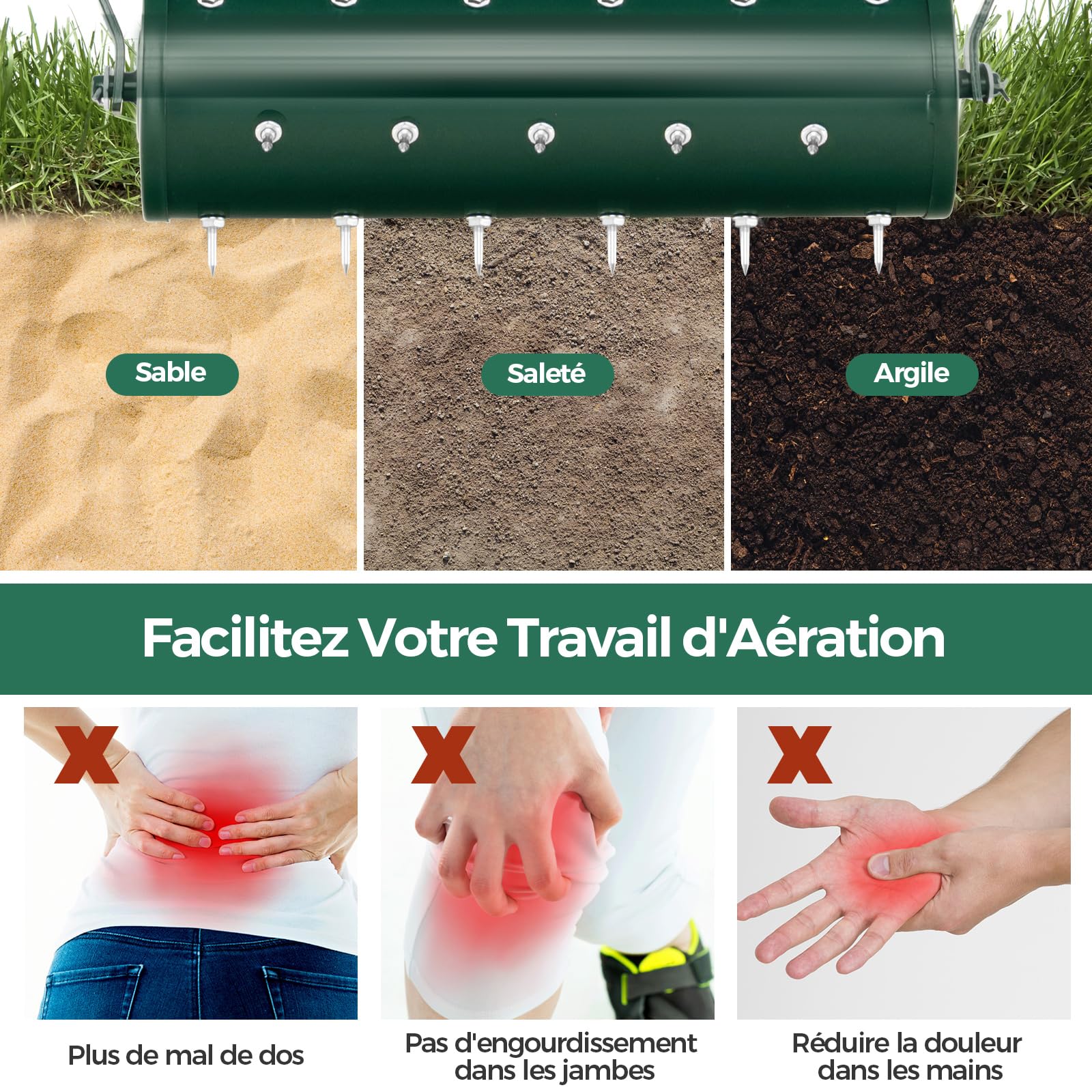 RELAX4LIFE Scarificateur Gazon Manuel 53CM avec Poignée &Rouleau à Pointes Rotatives, Rouleau Aérateur Gazon de Pelouse en Métal pour Jardin Cour Patio (6.8L | 53x130CM, Vert)