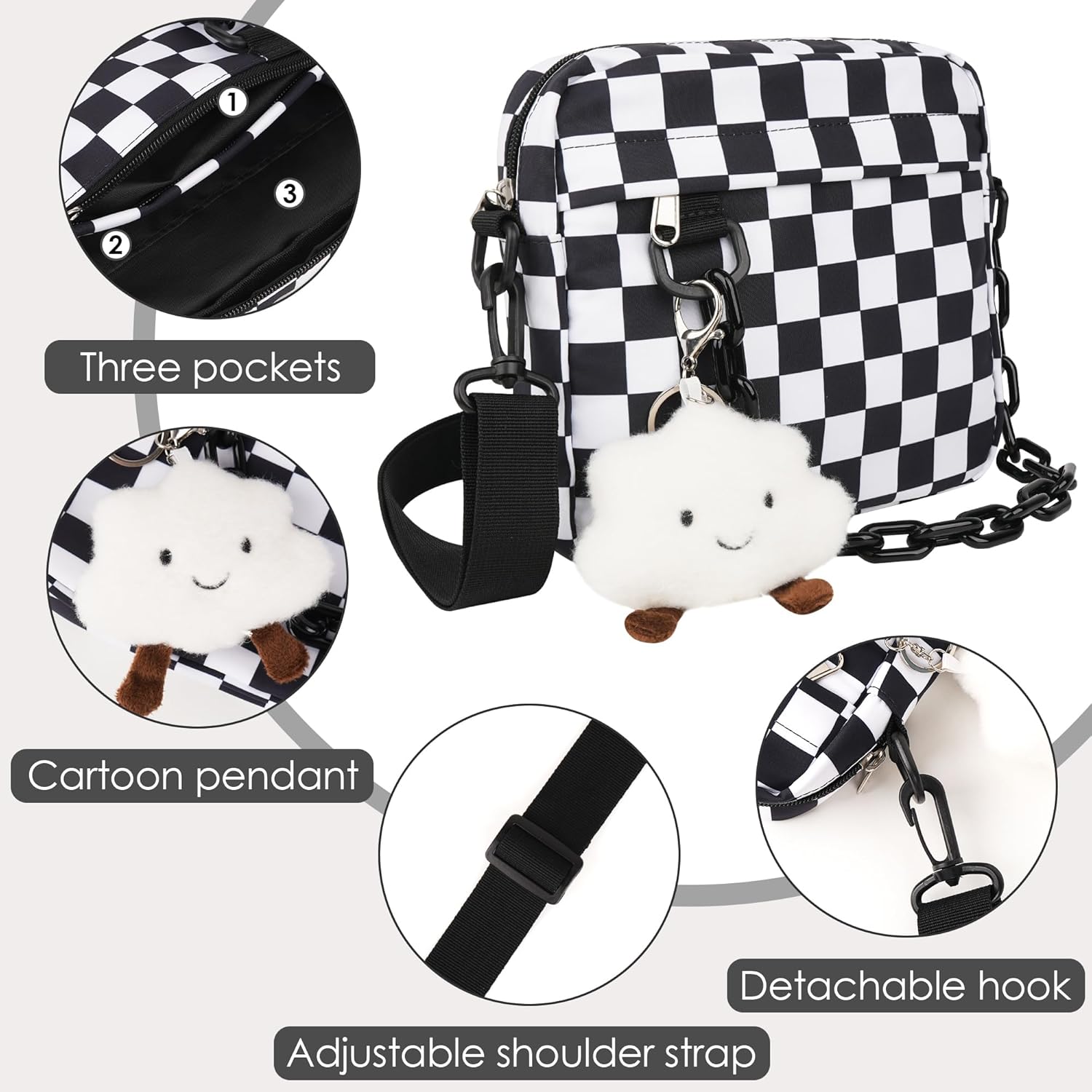 Small Crossbody Messenger Bag for Women Men, Cute Nylon Shoulder Purse Bag with Detachable White Cloud Pendant, Checkered - Image 5