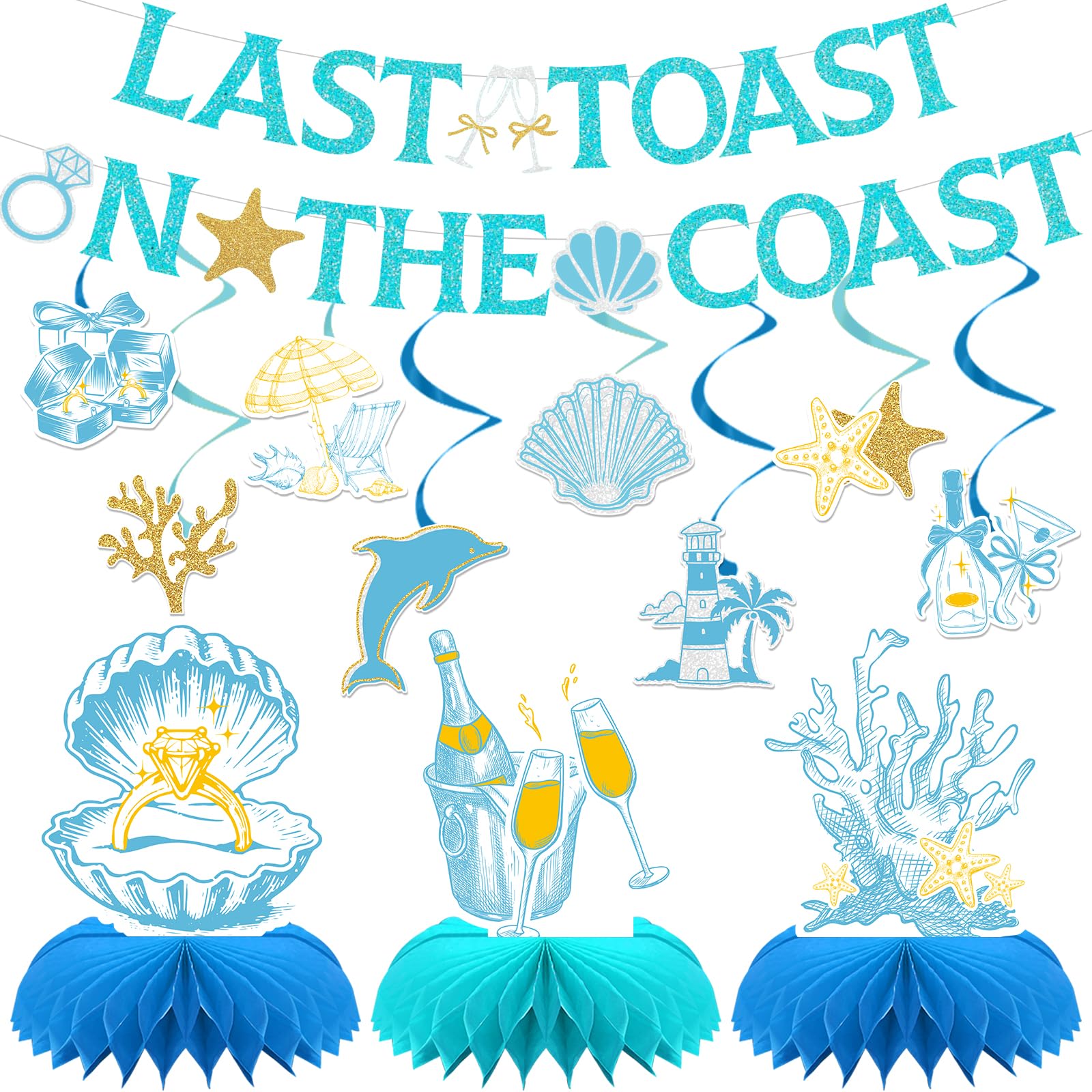 Beach Bachelorette Party Decorations - 13 Pcs Pre-Strung Last Toast On The Coast Bachelorette Banner, Blue Banners Hanging Swirls Honeycomb Centerpieces, Bridal Shower Favors Decor Supplies
